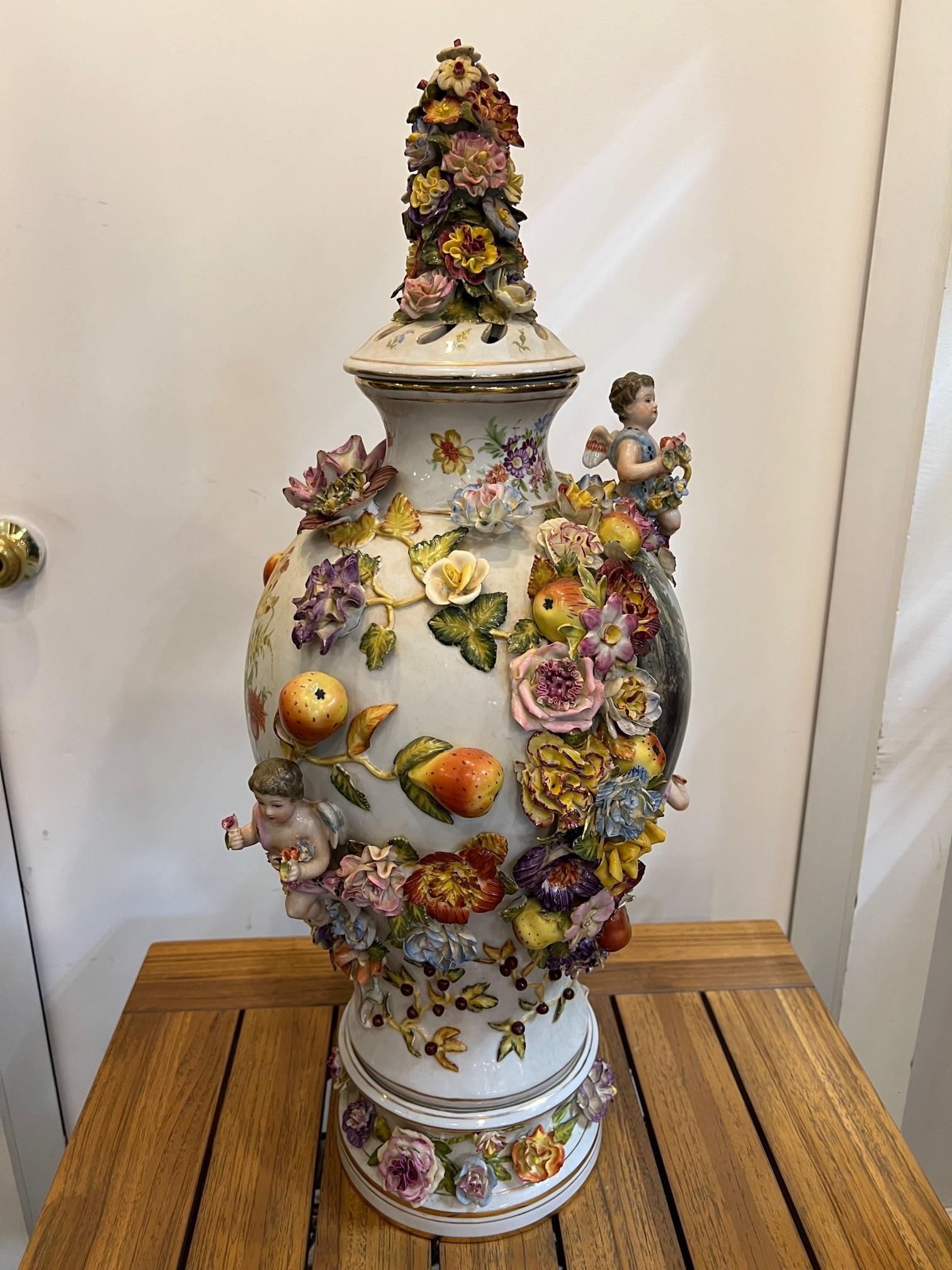  Late 20th Century Large Pair of Dresden-Style Hand Painted Porcelain Urns  For Sale 6