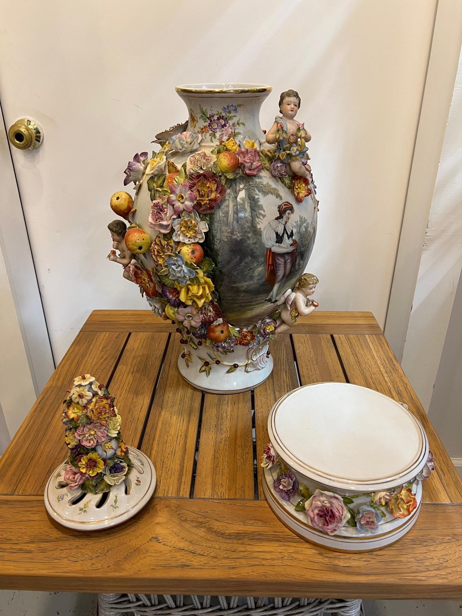  Late 20th Century Large Pair of Dresden-Style Hand Painted Porcelain Urns  For Sale 7