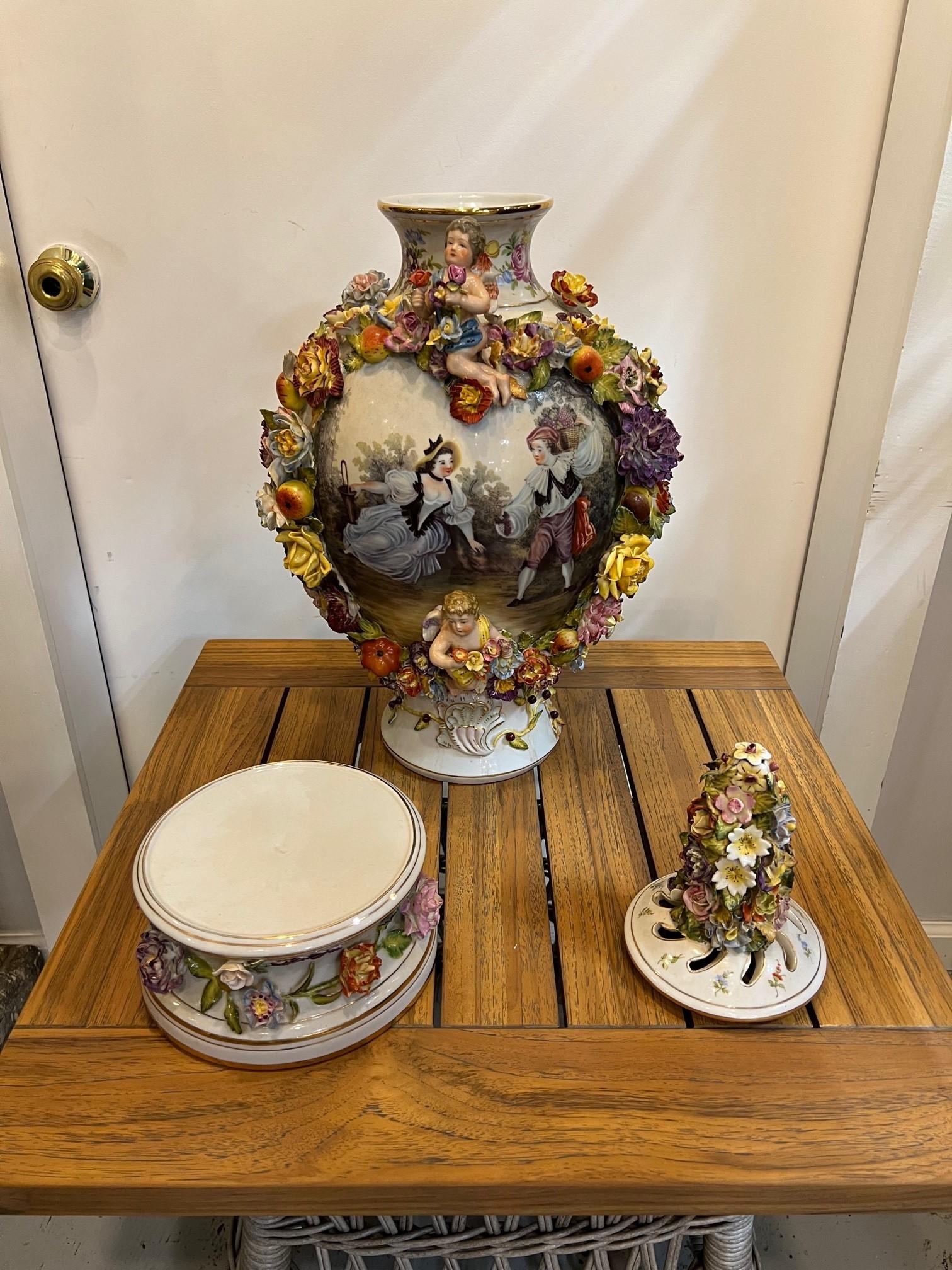  Late 20th Century Large Pair of Dresden-Style Hand Painted Porcelain Urns  For Sale 12