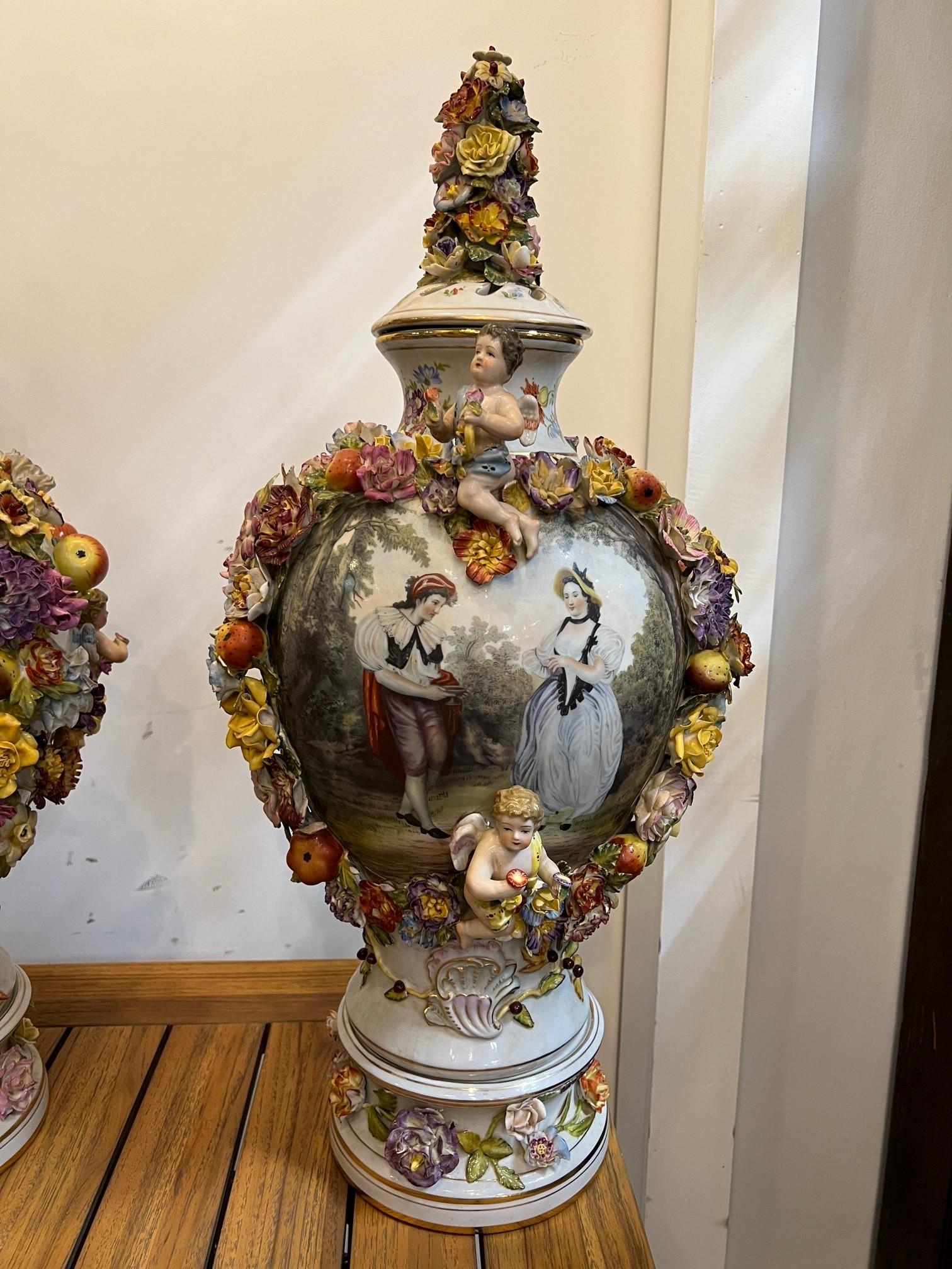 Chinese  Late 20th Century Large Pair of Dresden-Style Hand Painted Porcelain Urns  For Sale