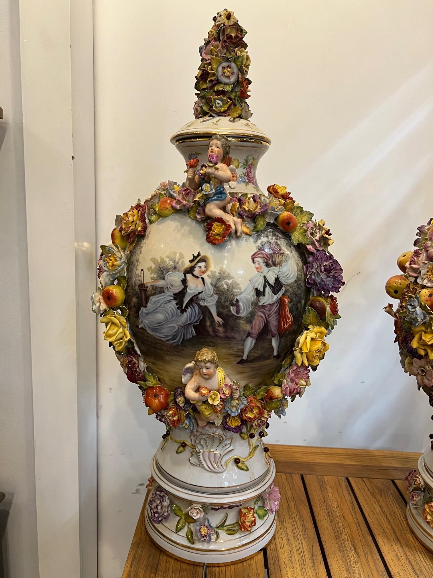 Hand-Painted  Late 20th Century Large Pair of Dresden-Style Hand Painted Porcelain Urns  For Sale