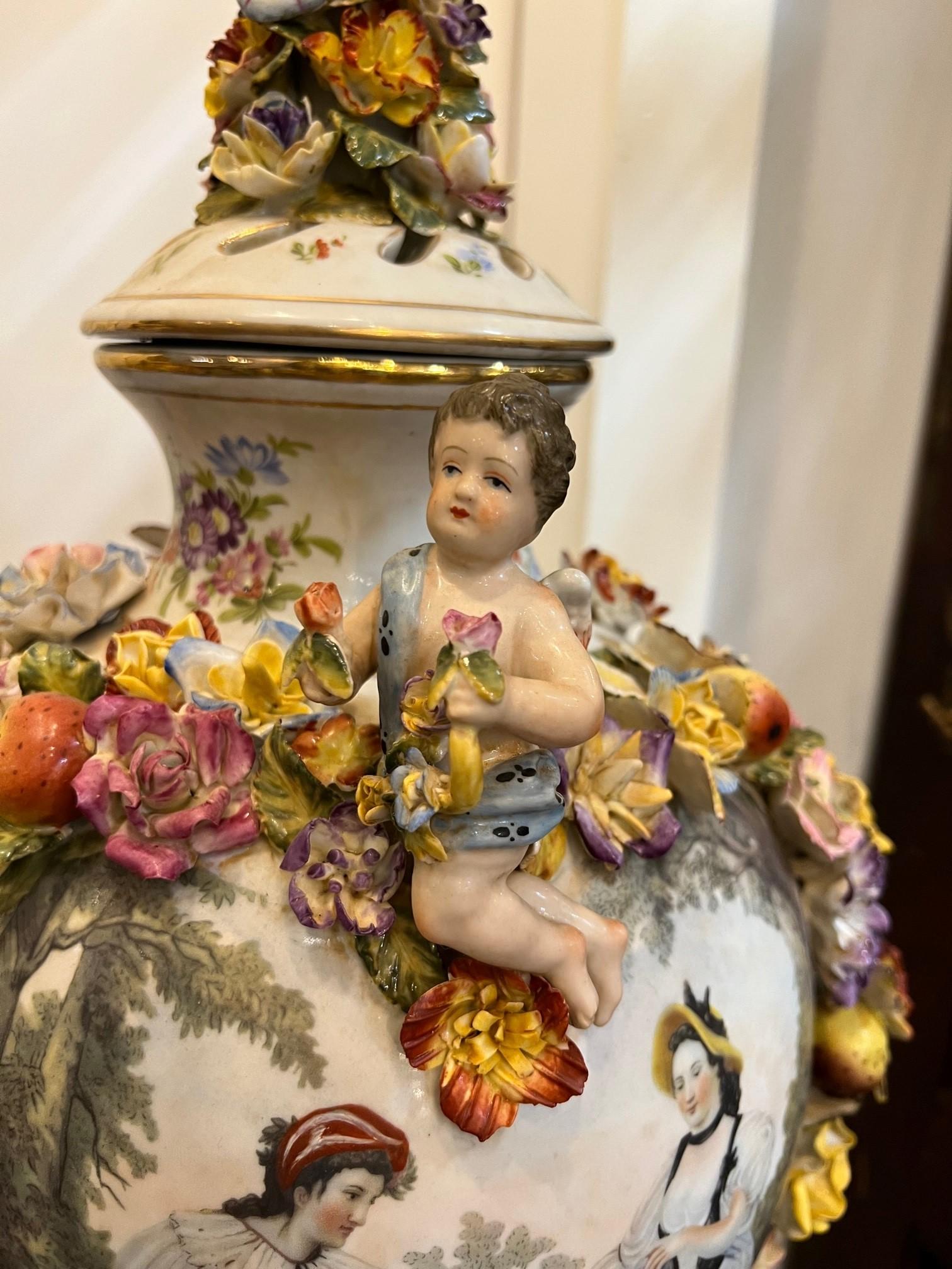  Late 20th Century Large Pair of Dresden-Style Hand Painted Porcelain Urns  In Good Condition For Sale In Stamford, CT