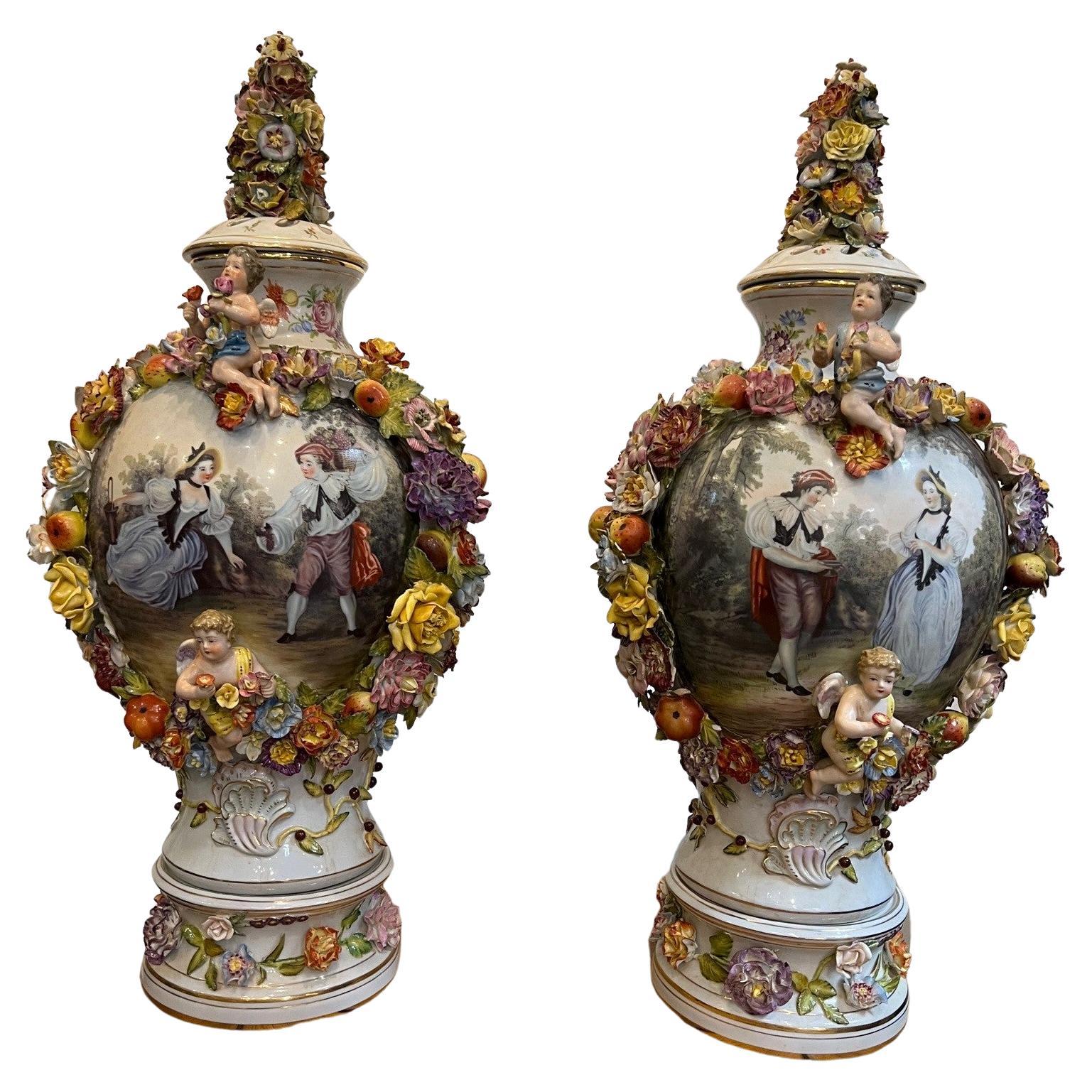  Late 20th Century Large Pair of Dresden-Style Hand Painted Porcelain Urns 