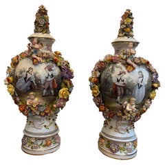 Vintage  Late 20th Century Large Pair of Dresden-Style Hand Painted Porcelain Urns 