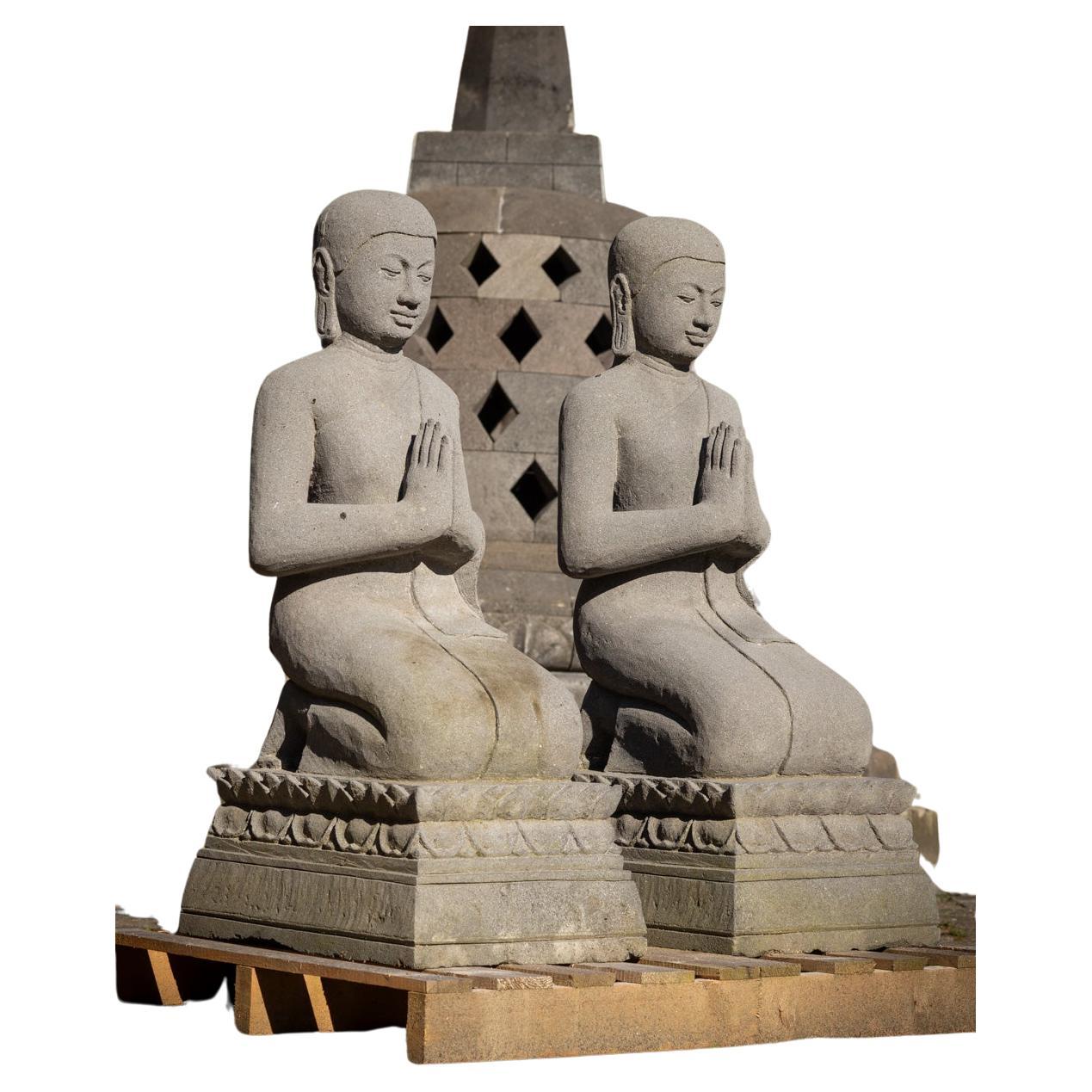 Late 20th century Large pair of lavastone Monk statues from Indonesia For Sale
