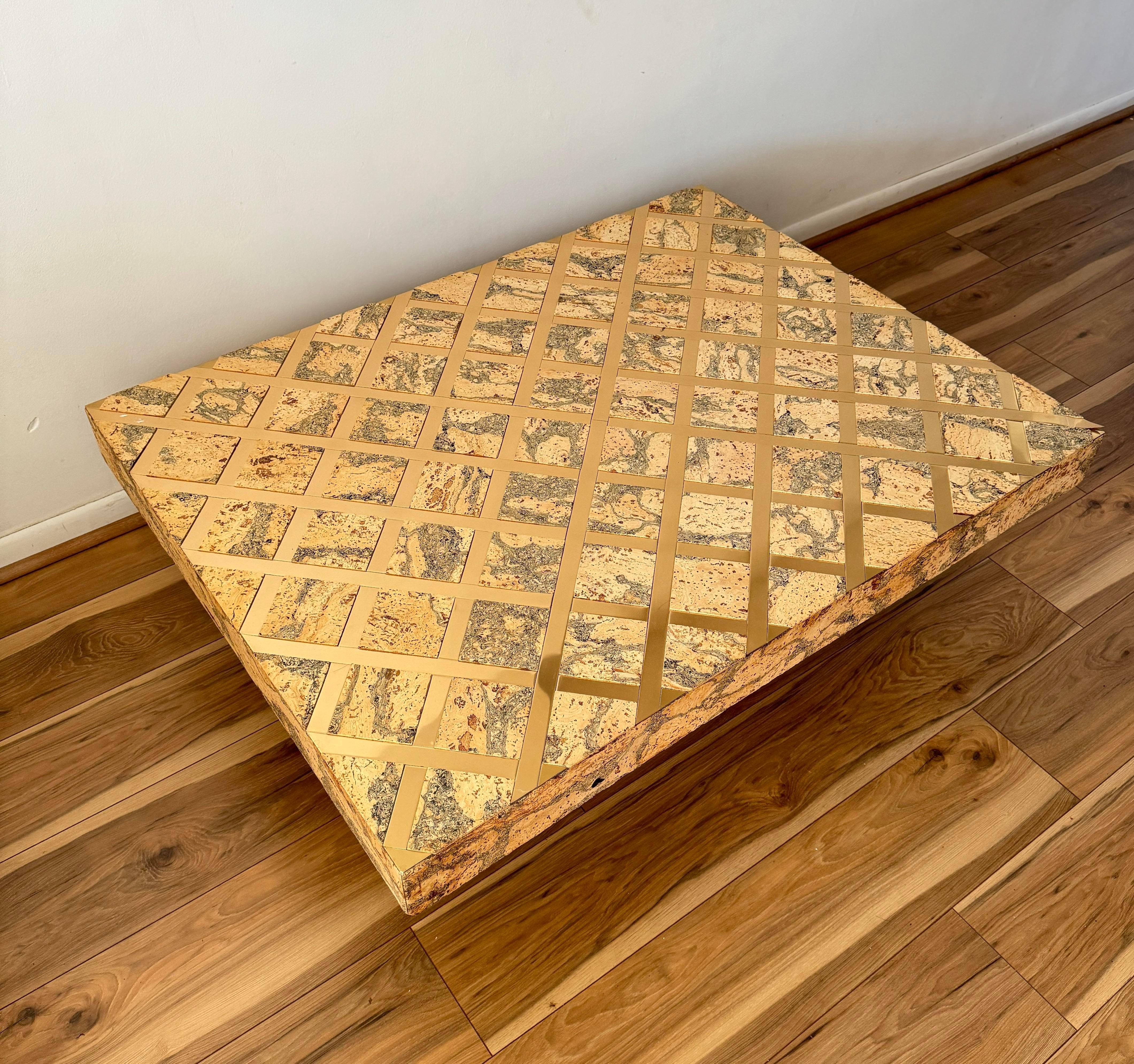 North American Late 20th Century Large Vintage Cork Coffee Table With Golden Inlay For Sale