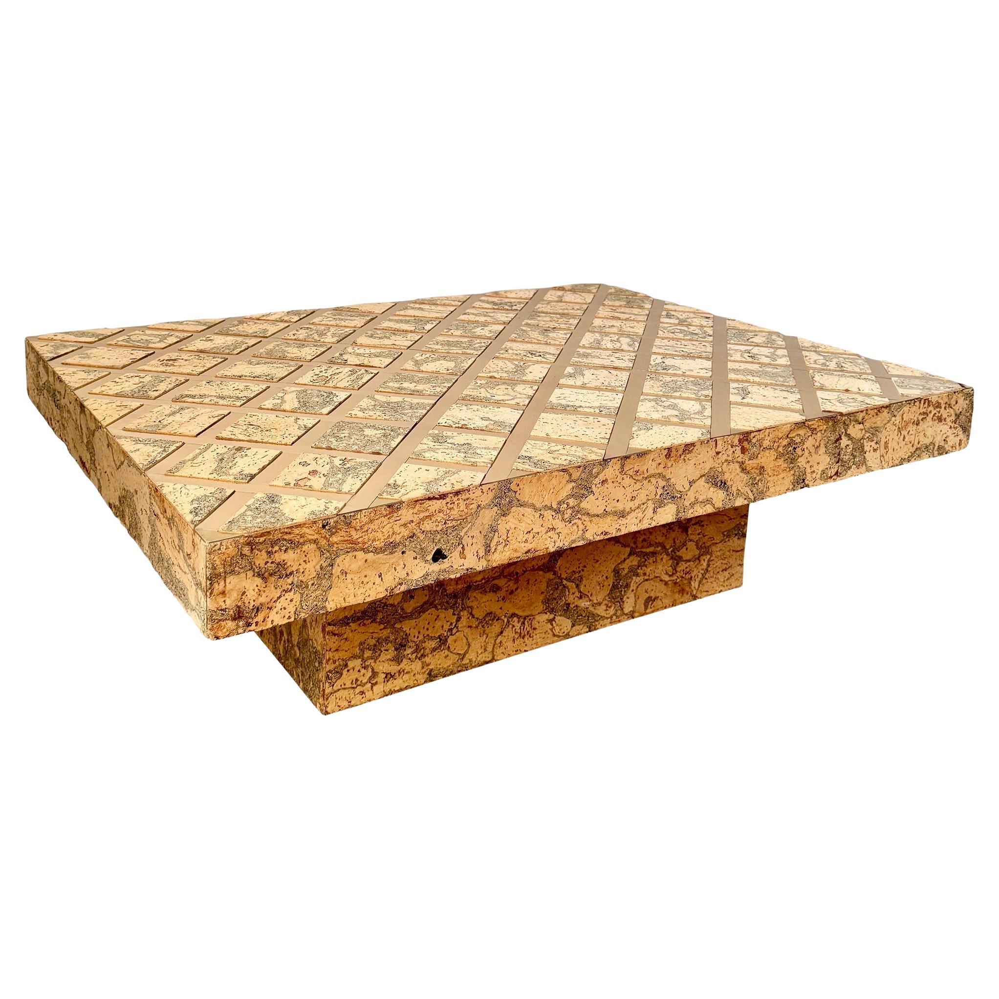 Late 20th Century Large Vintage Cork Coffee Table With Golden Inlay For Sale