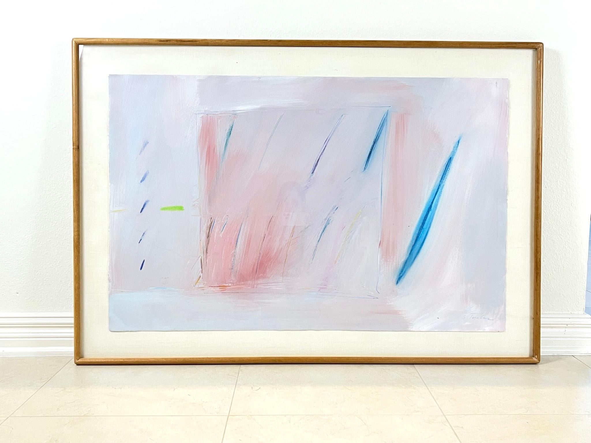 The vintage framed abstract painting is a mesmerizing blend of blush, blue, and lilac hues, accentuated by subtle touches of green that add depth and intrigue. It floats within a gracefully aged wood frame, complemented by a soft linen backing that