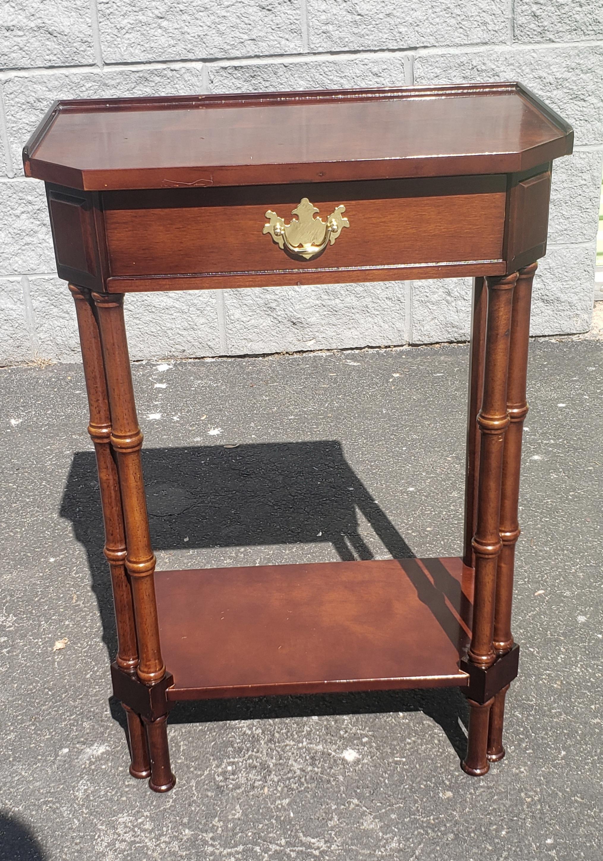 Brass Late 20th Century Mahogany Faux Bamboo Single Drawer Side Table For Sale
