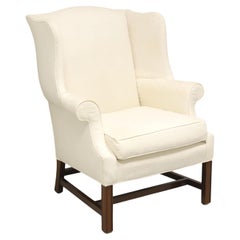Late 20th Century Mahogany Frame Chippendale Style White Wing Back Chair