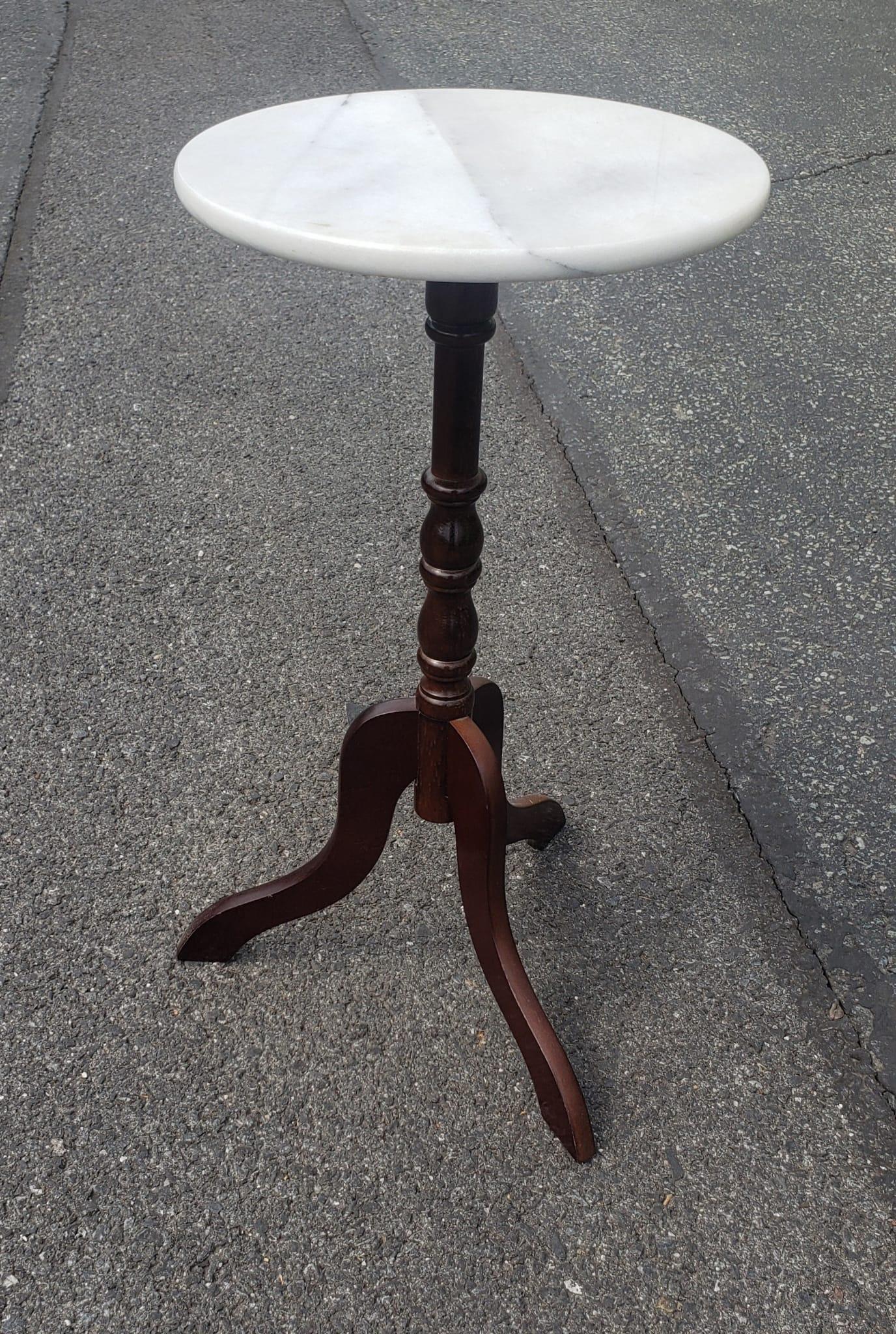 Late 20th Century Mahogany Pdestal Tripod Marble Top Candle Stand In Good Condition For Sale In Germantown, MD