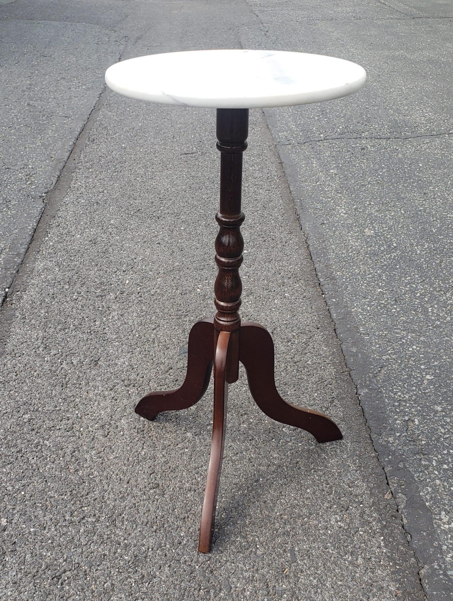 Late 20th Century Mahogany Pdestal Tripod Marble Top Candle Stand For Sale 1