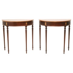 Vintage Late 20th Century Mahogany Yew Banded Sheraton Demilune Console Tables - Pair