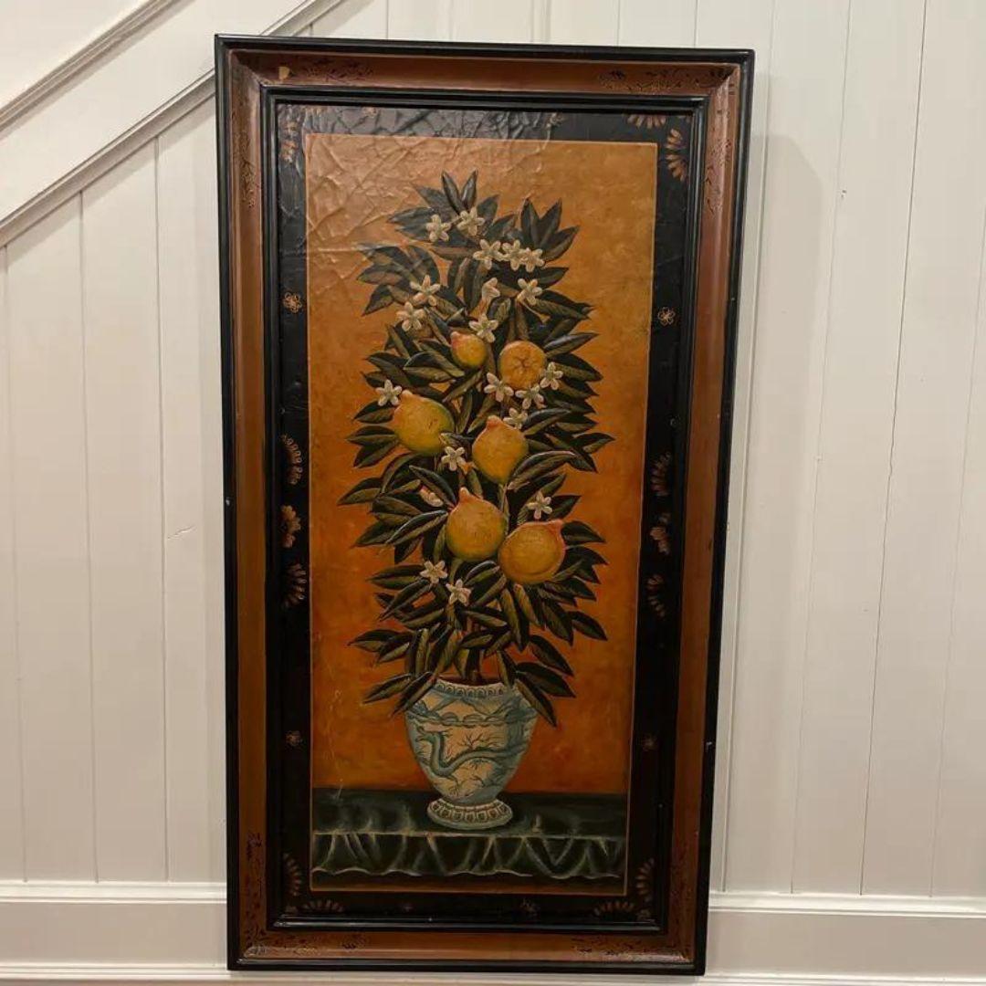 Vintage Wood Panel Lemon tree in Blue And white chinoiserie Painted Framed Wall Art.