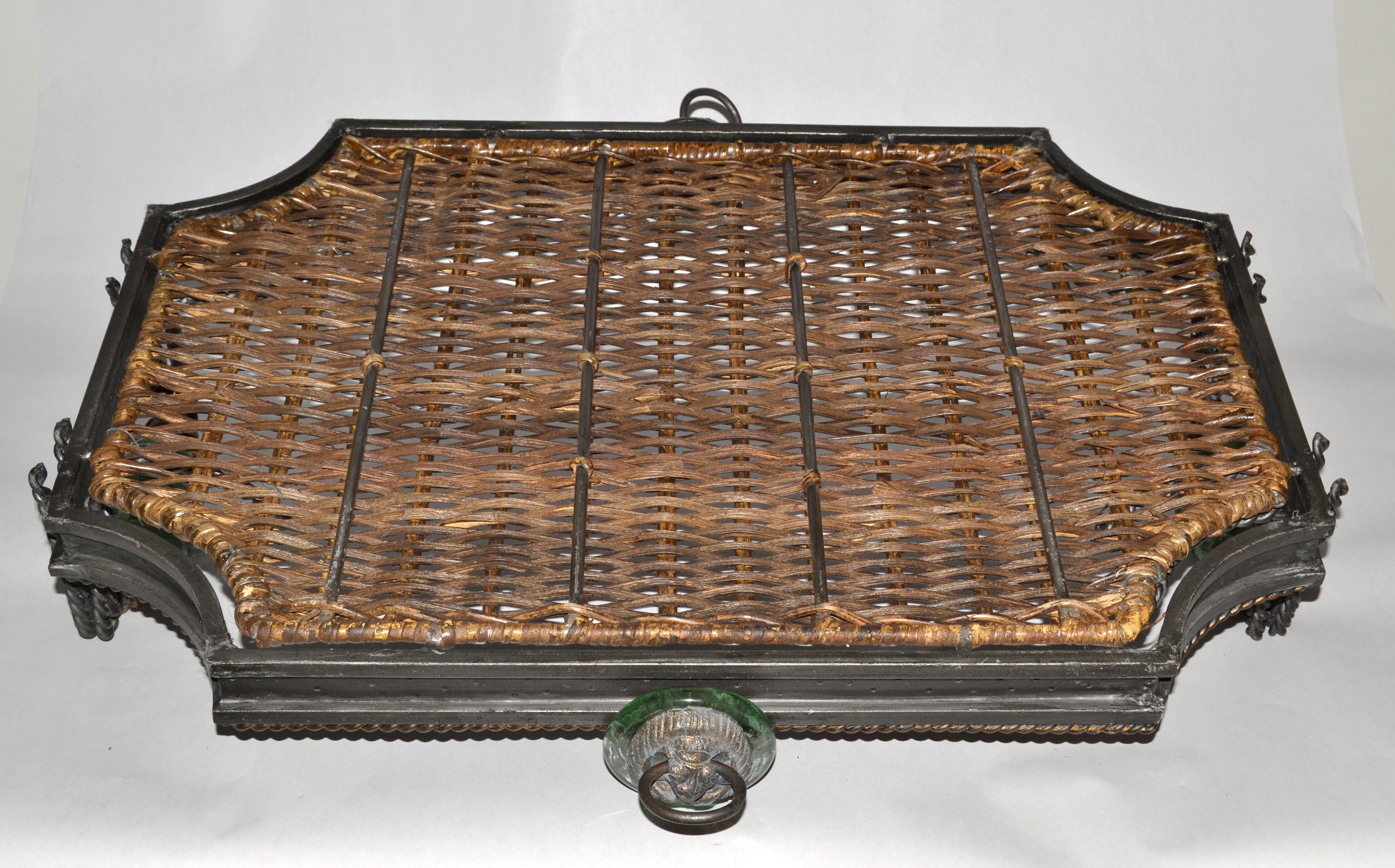 Late 20th Century Maitland Smith Wrought Iron Wicker Glass Bronze Ring Lion Tray For Sale 3