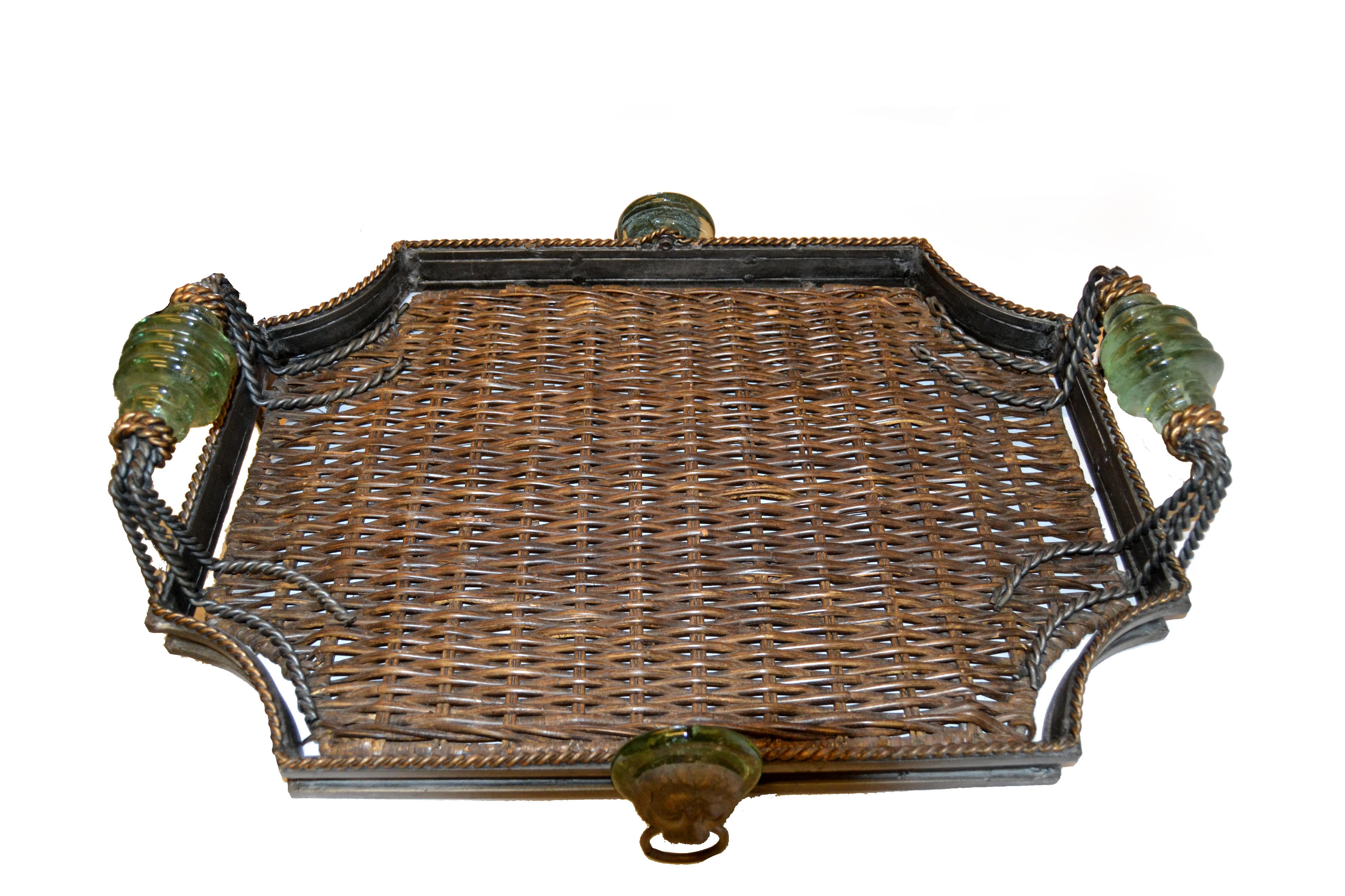 Late 20th Century Maitland Smith Wrought Iron Wicker Glass Bronze Ring Lion Tray For Sale 4
