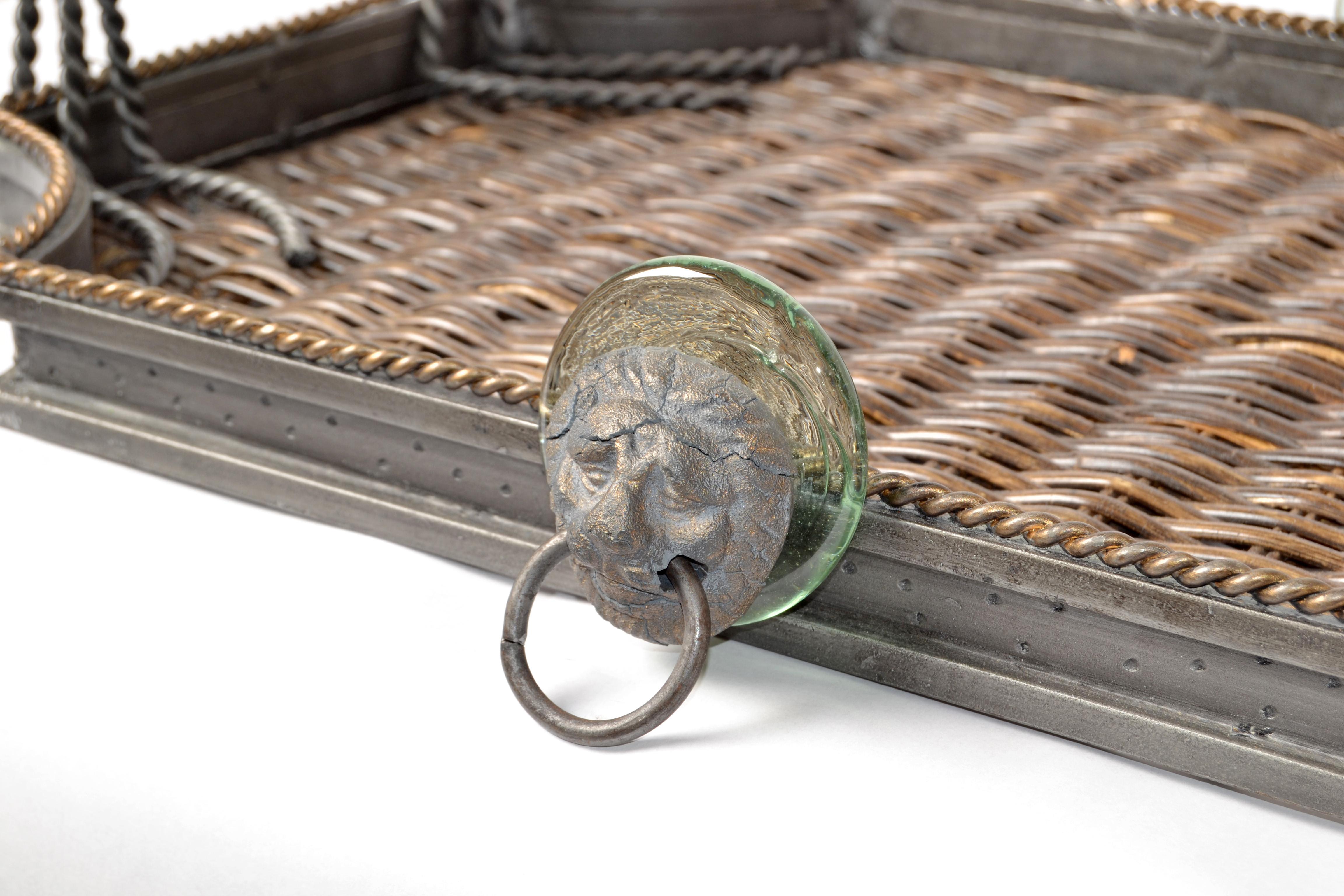 Late 20th Century Maitland Smith Wrought Iron Wicker Glass Bronze Ring Lion Tray For Sale 5