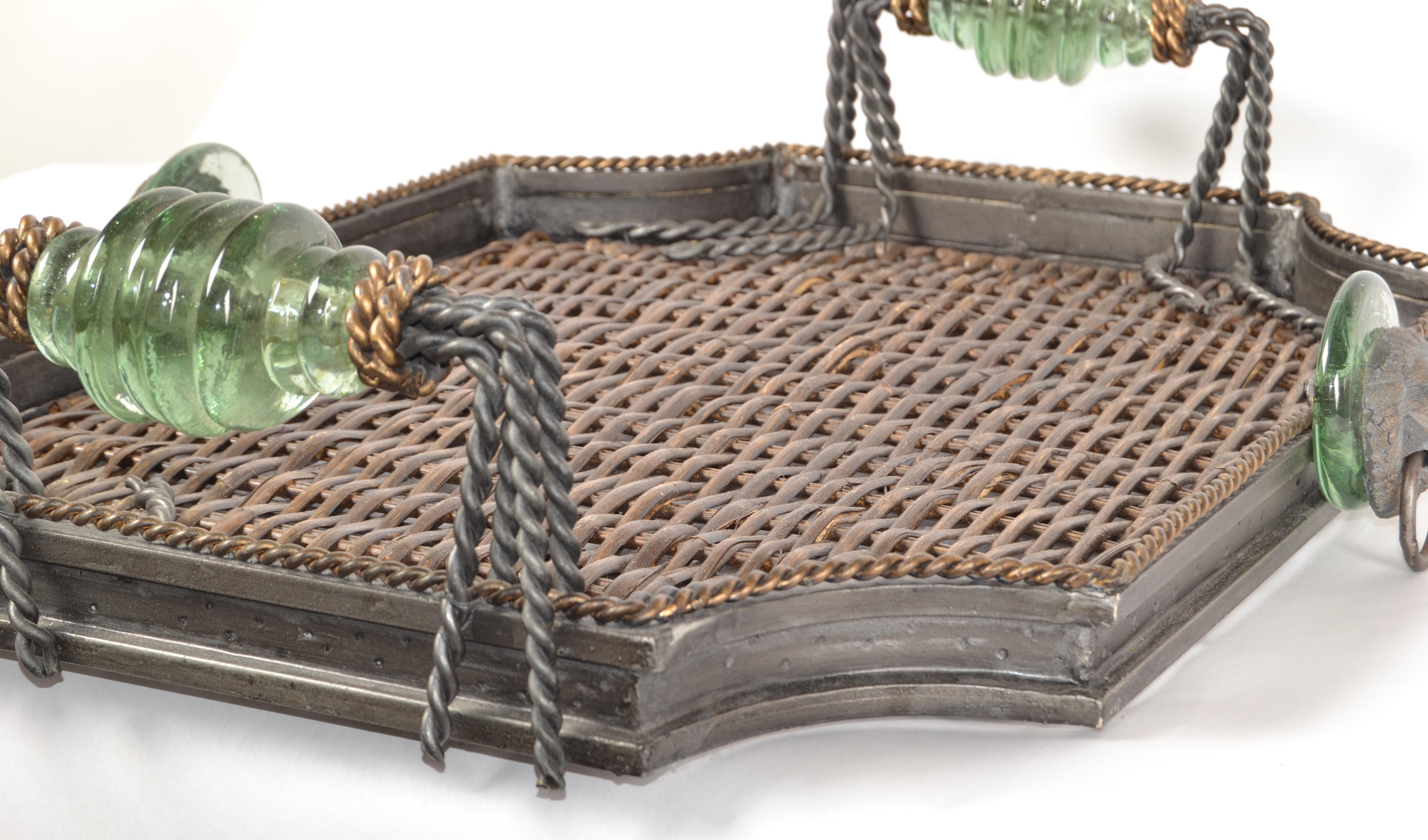 Late 20th Century Maitland Smith Wrought Iron Wicker Glass Bronze Ring Lion Tray For Sale 6
