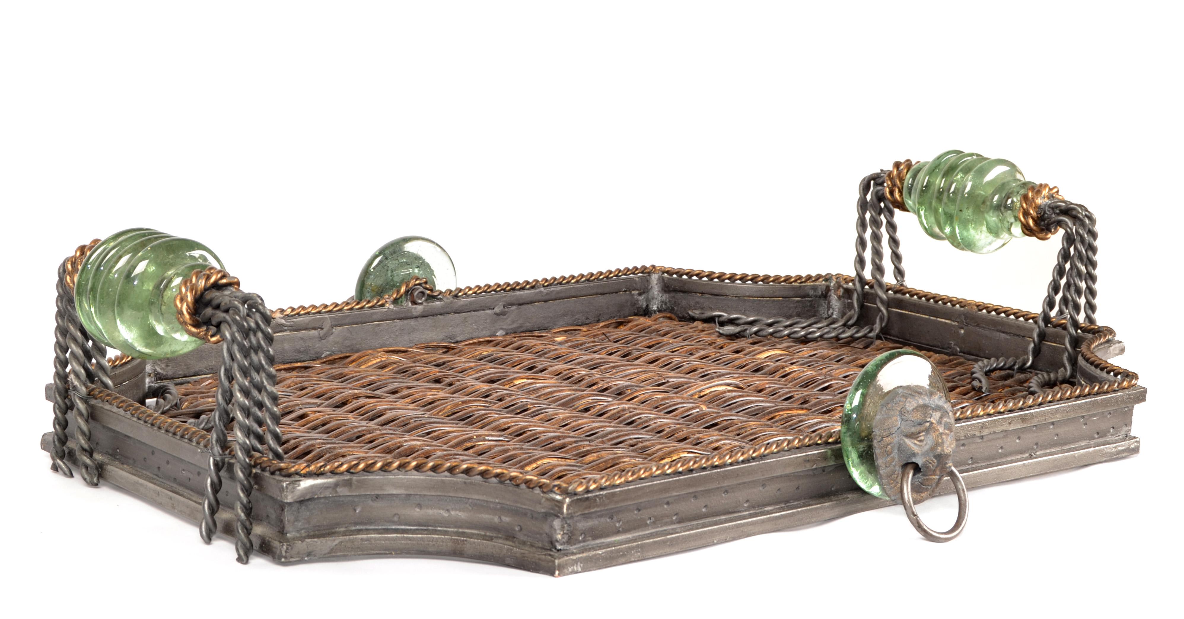 Late 20th Century Maitland Smith Wrought Iron Wicker Glass Bronze Ring Lion Tray For Sale 7