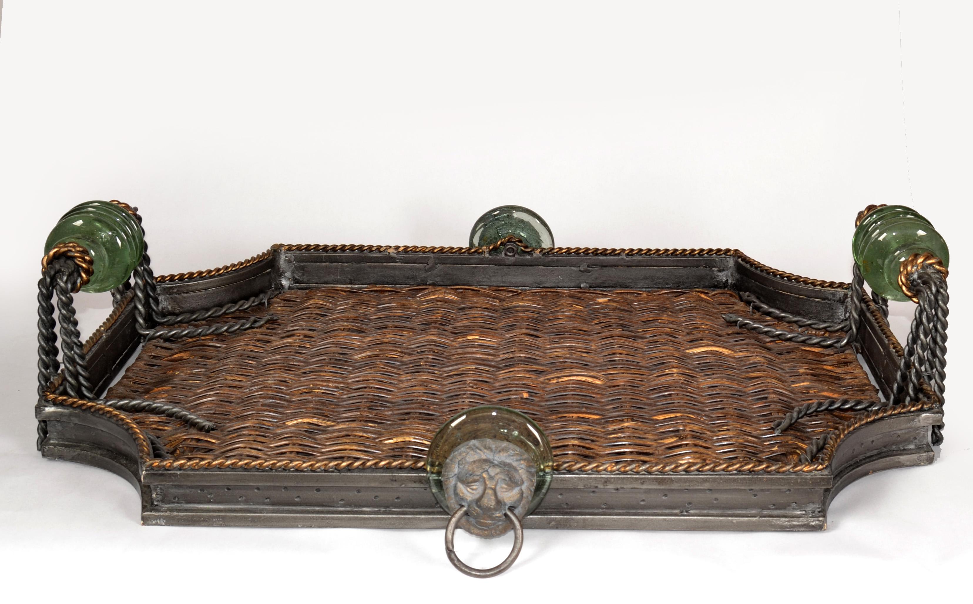 Late 20th Century Maitland Smith Wrought Iron Wicker Glass Bronze Ring Lion Tray For Sale 8