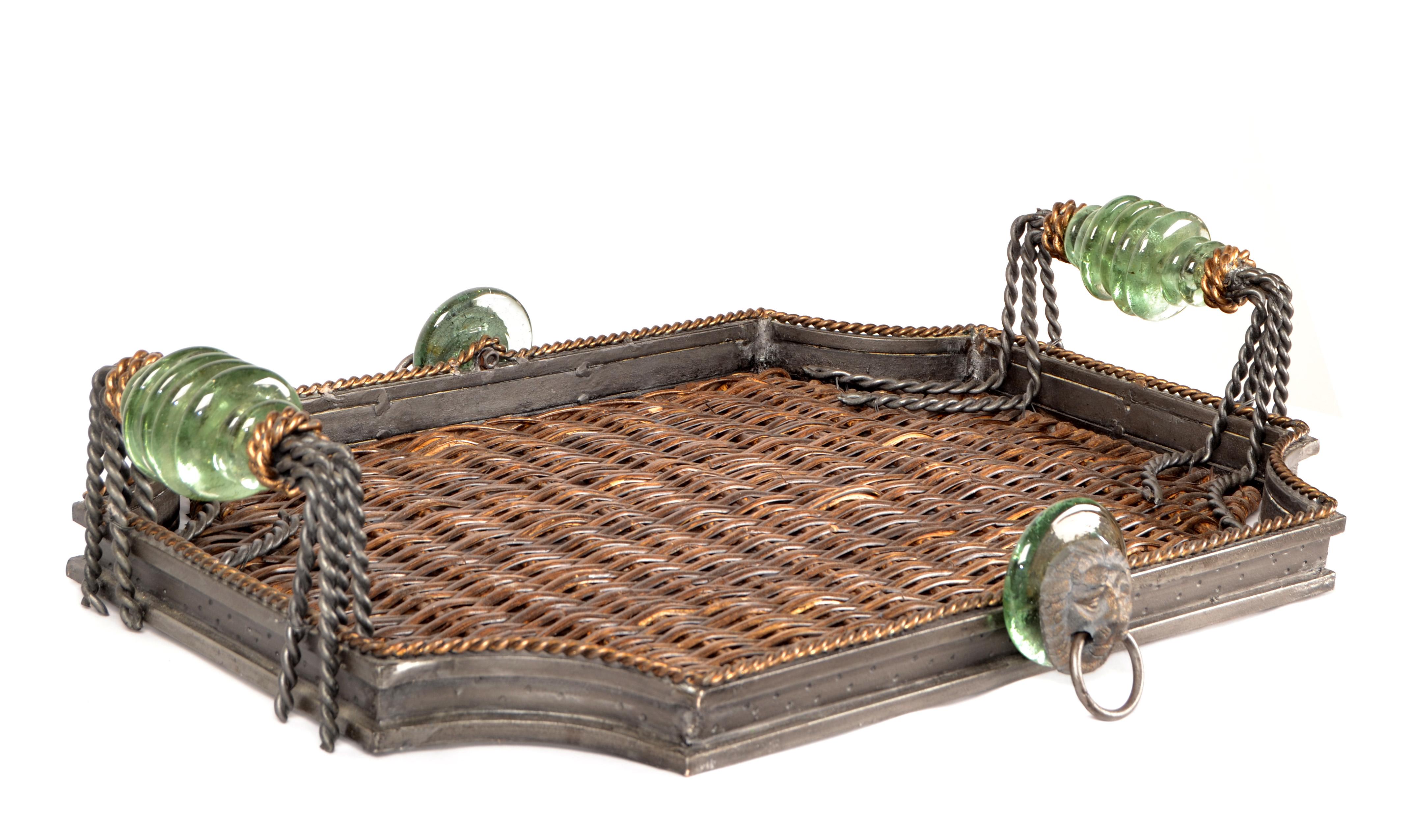 Vintage Hollywood Regency Maitland Smith Wrought and Forged Iron, hand-woven Wicker Inlay and Blown Glass Handles Tray.
Features Lion Rings Decor towards each Side.
In good used condition.
All handmade and heavy-duty