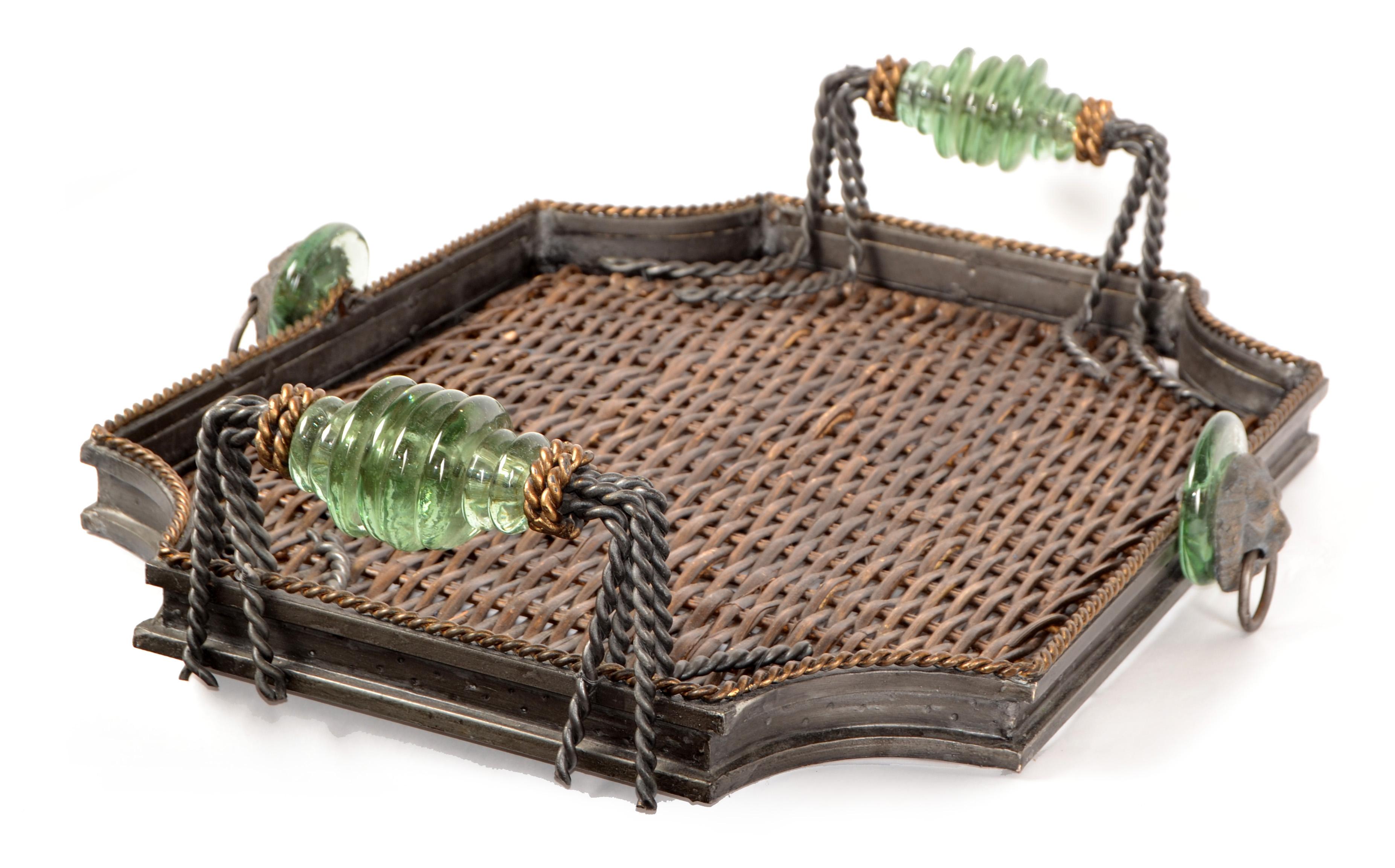 American Late 20th Century Maitland Smith Wrought Iron Wicker Glass Bronze Ring Lion Tray For Sale