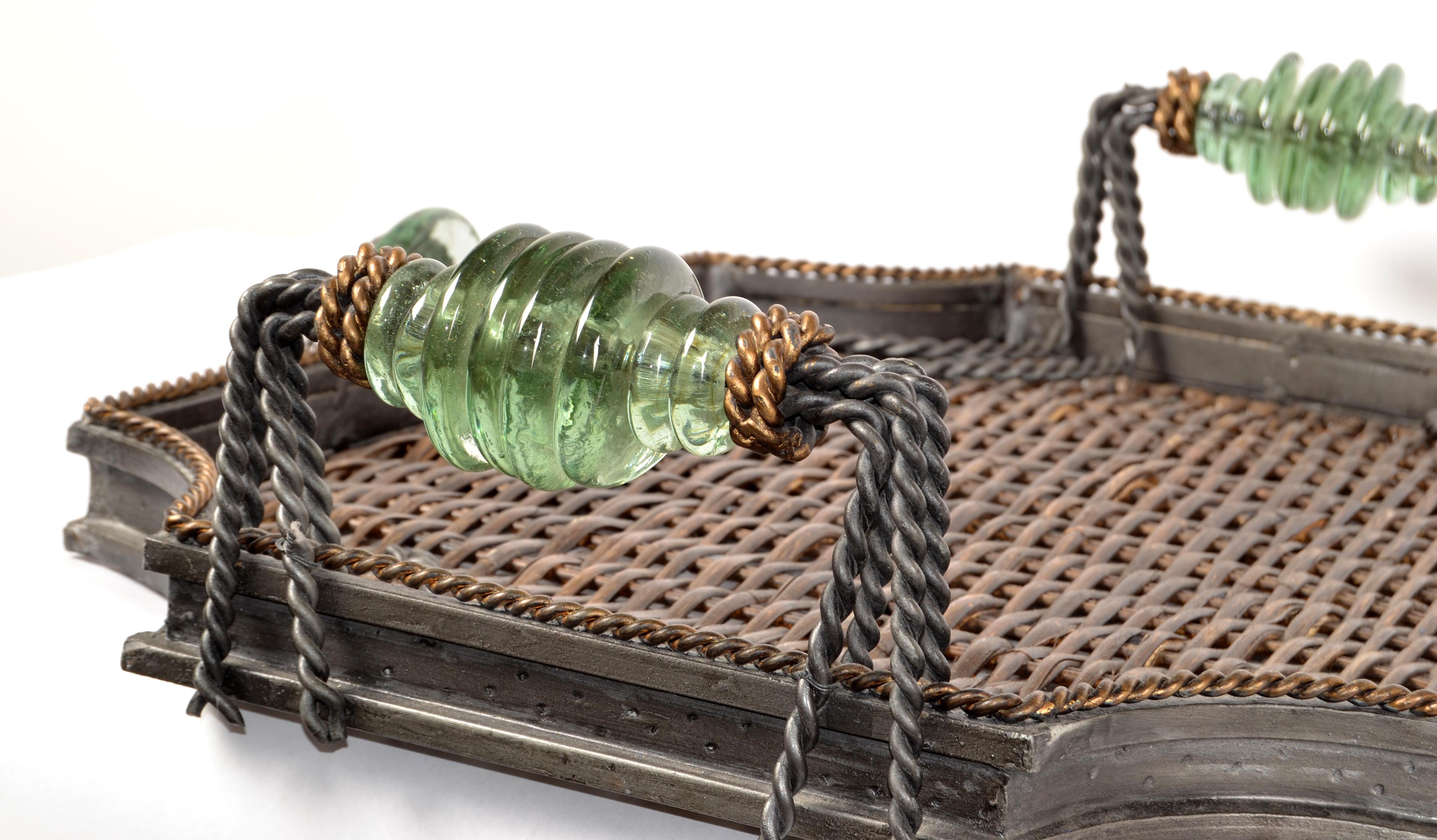 Forged Late 20th Century Maitland Smith Wrought Iron Wicker Glass Bronze Ring Lion Tray For Sale