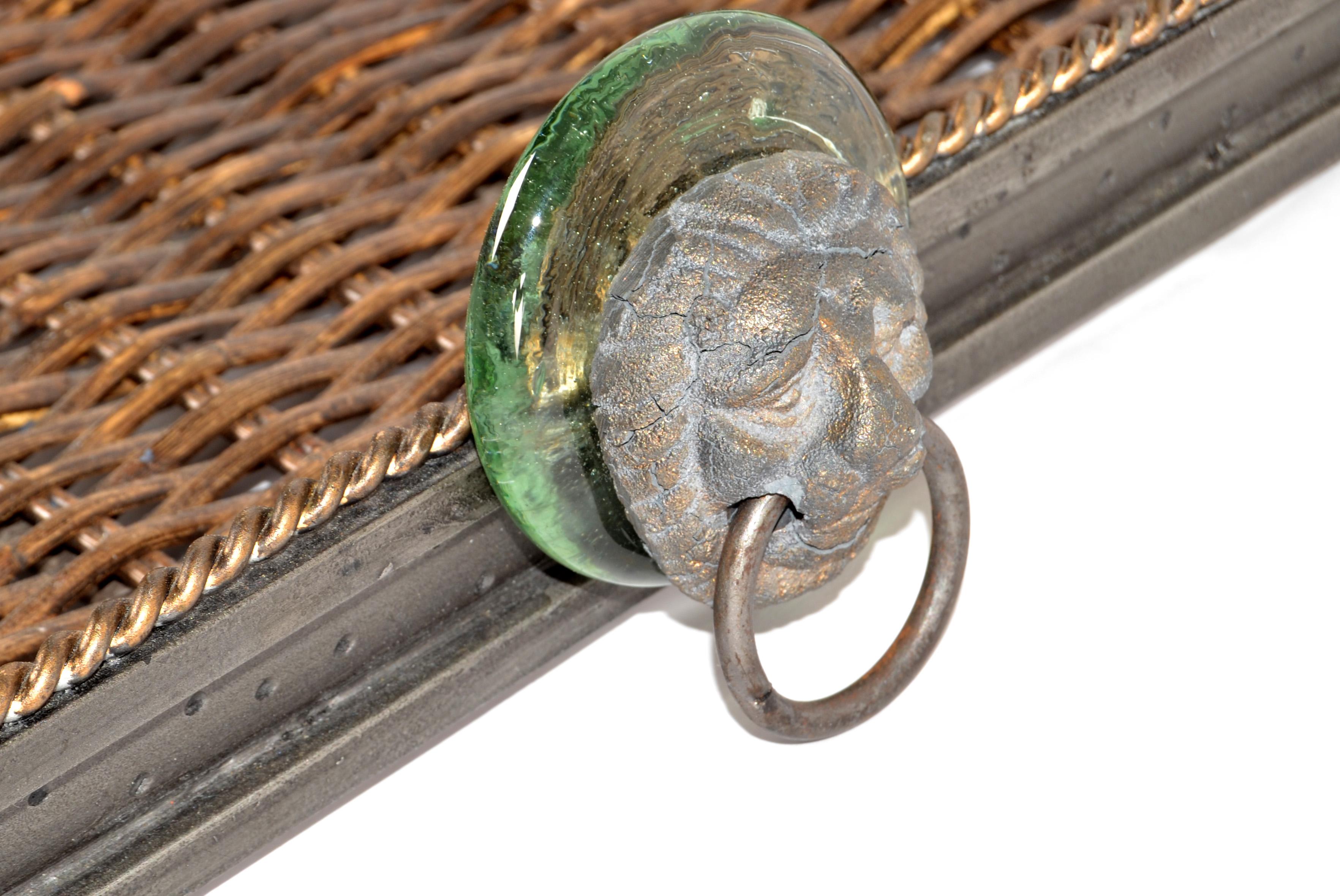 Late 20th Century Maitland Smith Wrought Iron Wicker Glass Bronze Ring Lion Tray In Good Condition For Sale In Miami, FL