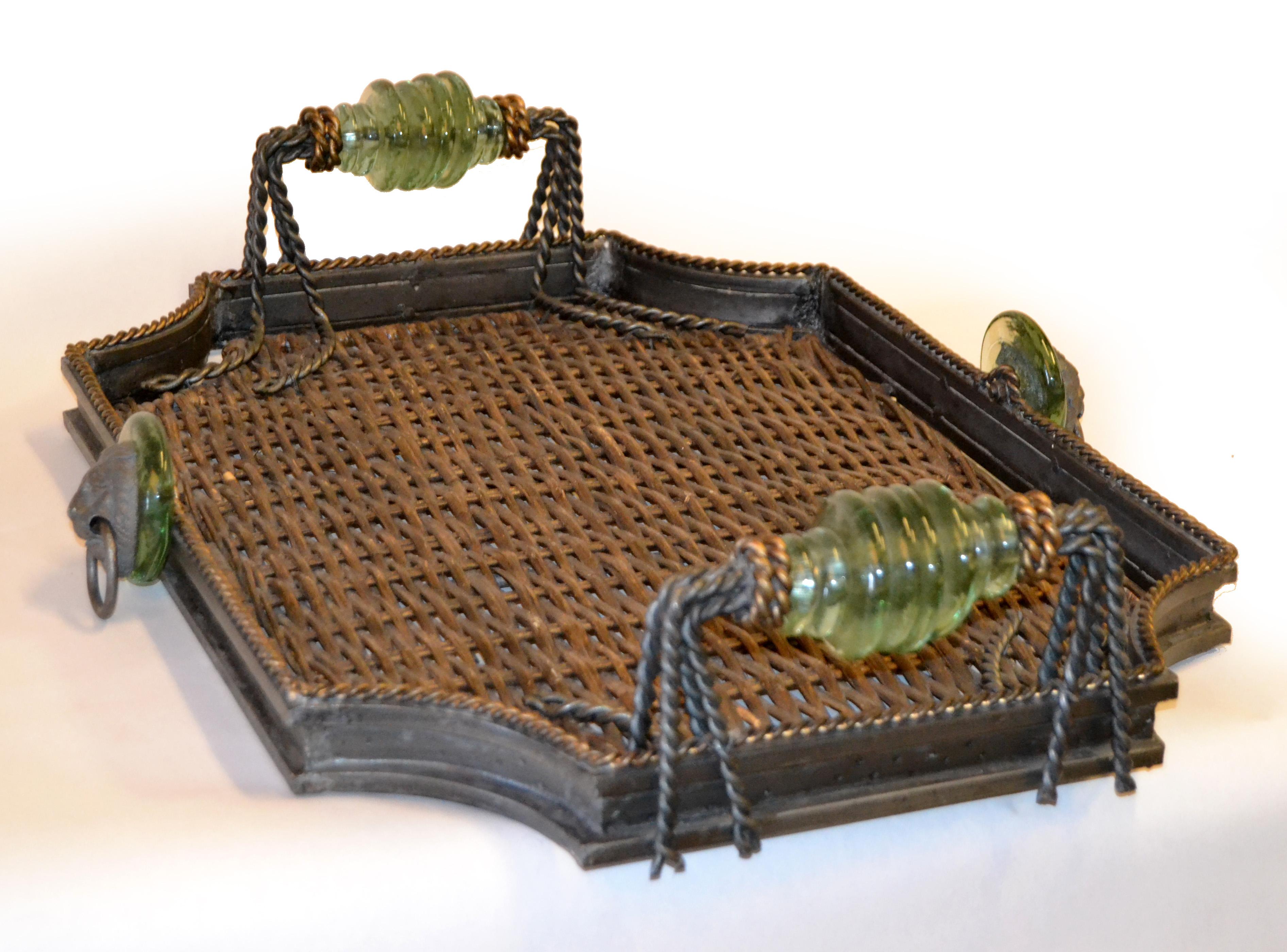 Metal Late 20th Century Maitland Smith Wrought Iron Wicker Glass Bronze Ring Lion Tray For Sale
