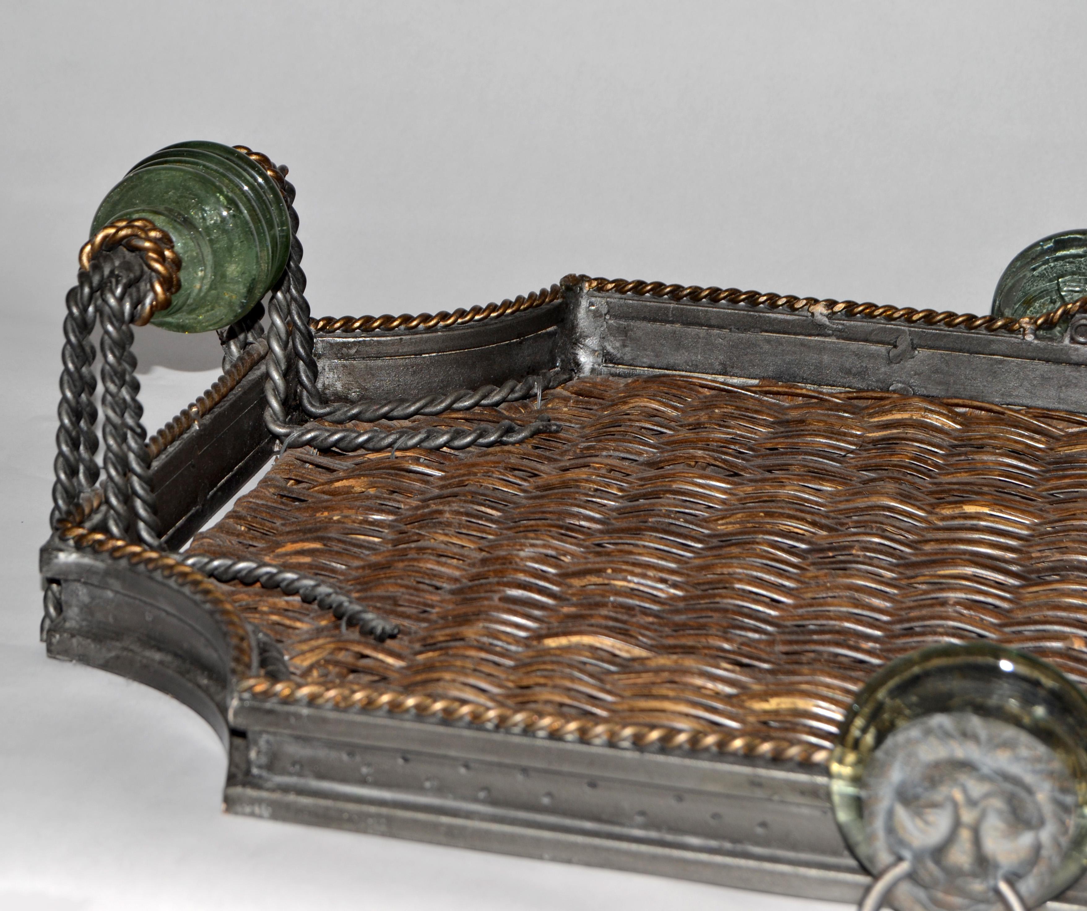 Late 20th Century Maitland Smith Wrought Iron Wicker Glass Bronze Ring Lion Tray For Sale 1