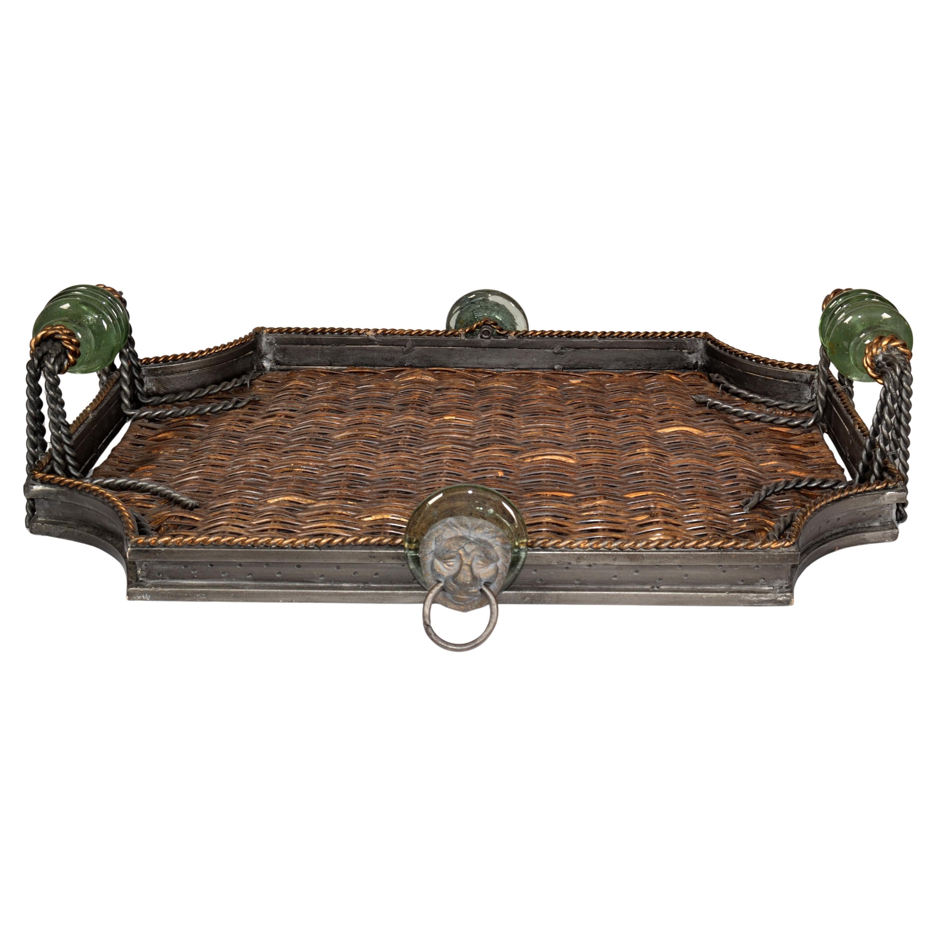 Late 20th Century Maitland Smith Wrought Iron Wicker Glass Bronze Ring Lion Tray For Sale