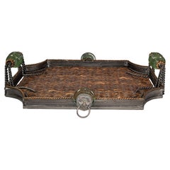 Fin du 20ème siècle Maitland Smith Wrought Iron Wicker Glass Bronze Ring Lion Tray
