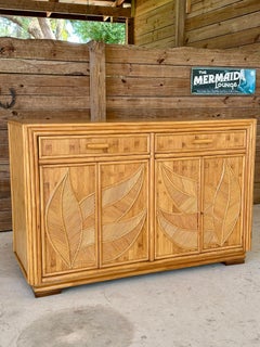 Late 20th Century Marquetry sculptural Leaf Pencil Rattan Credenza