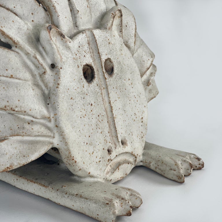 Modern Late 20th Century Matt White Stoneware Crouched Lion Sculpture by Bruno Gambone For Sale