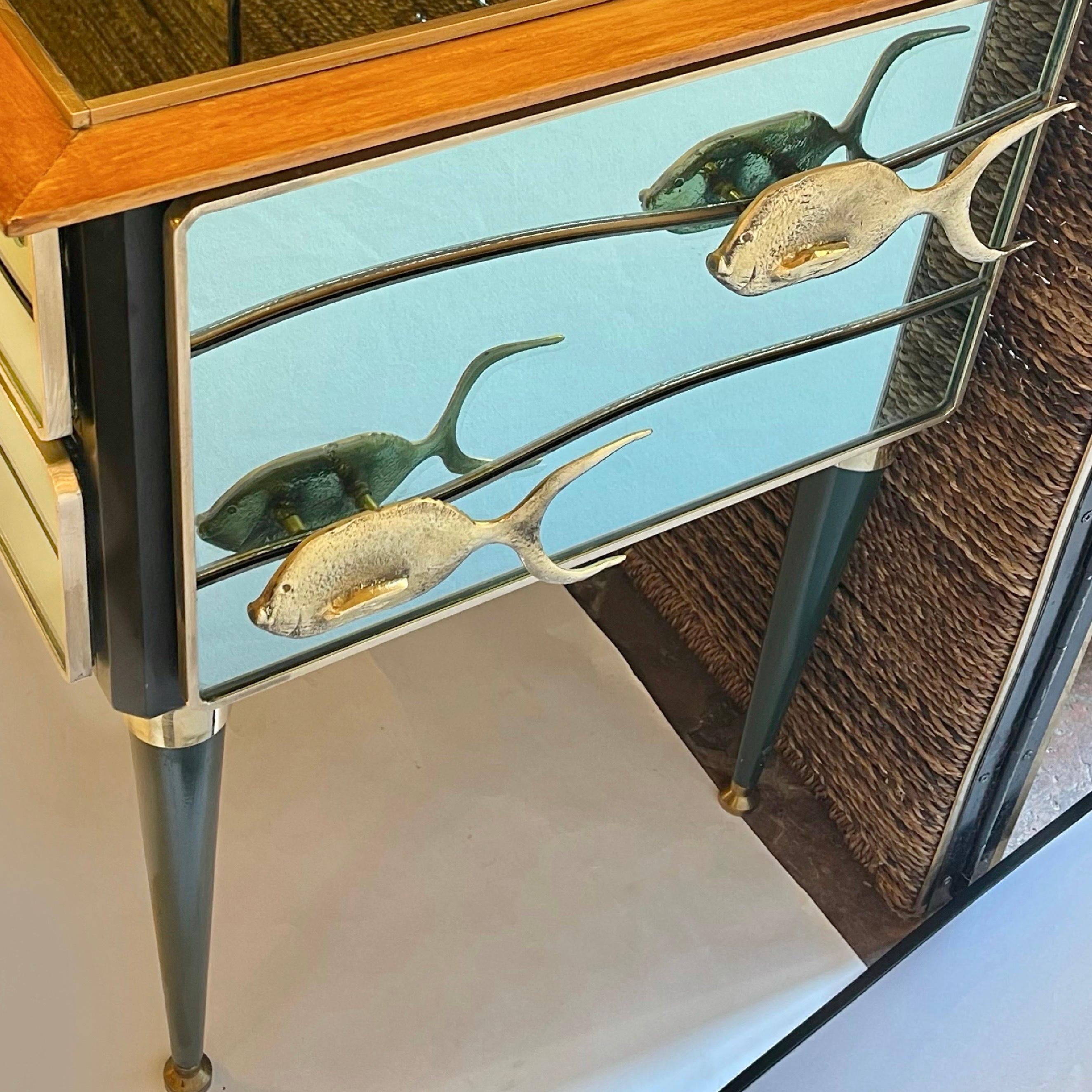Late 20th Century Mint Green Mirror w/ Bronze & Brass Details Chest of Drawers For Sale 5