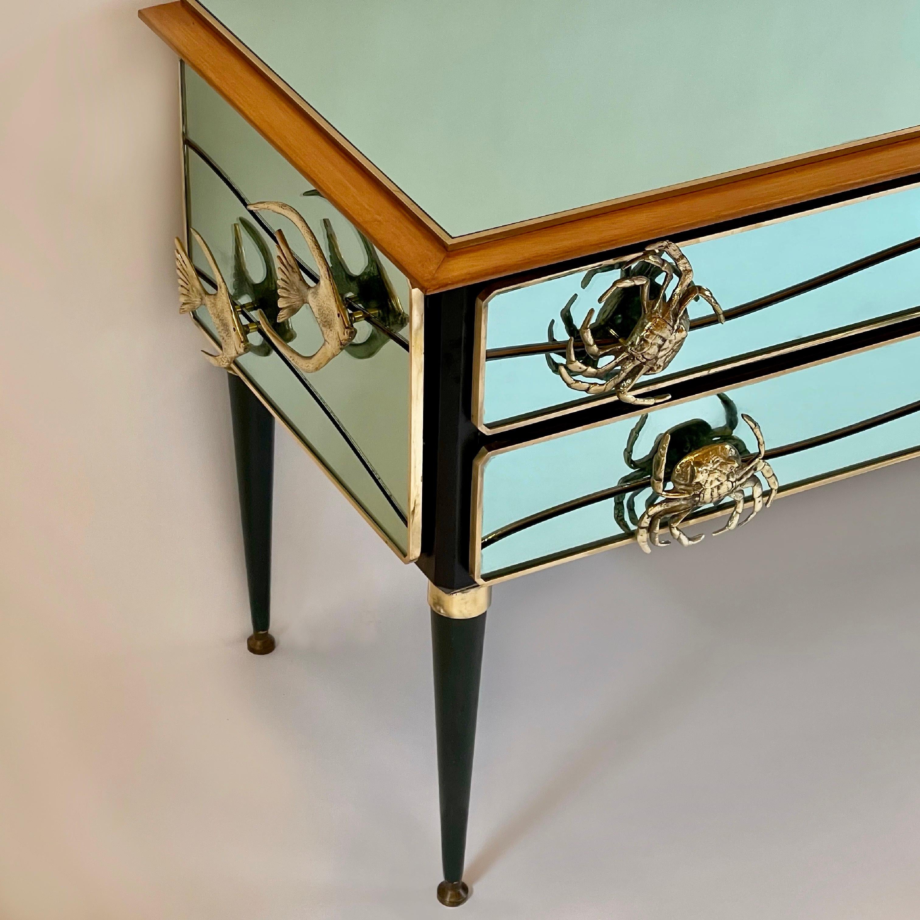 Mid-Century Modern Late 20th Century Mint Green Mirror w/ Bronze & Brass Details Chest of Drawers For Sale