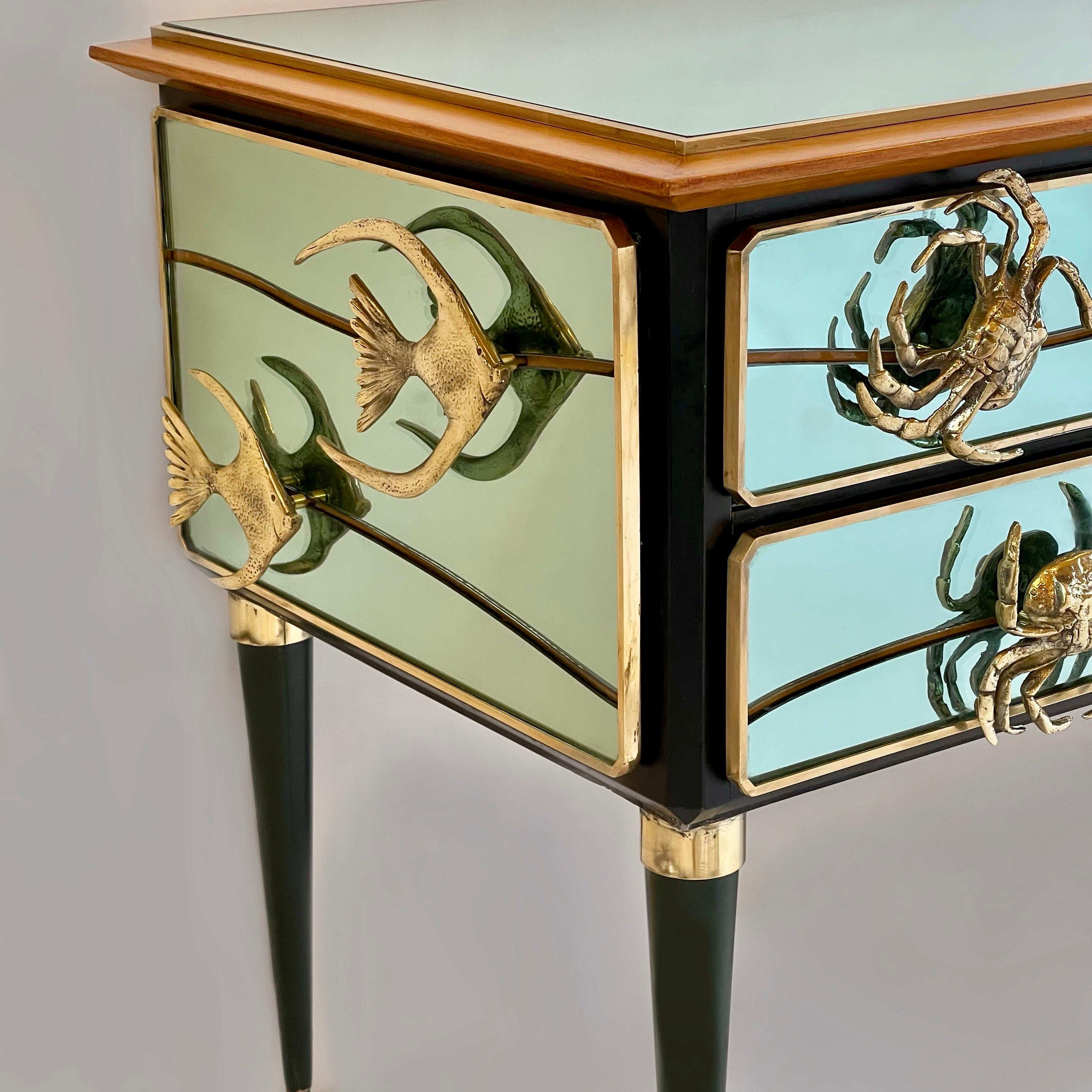 Italian Late 20th Century Mint Green Mirror w/ Bronze & Brass Details Chest of Drawers For Sale