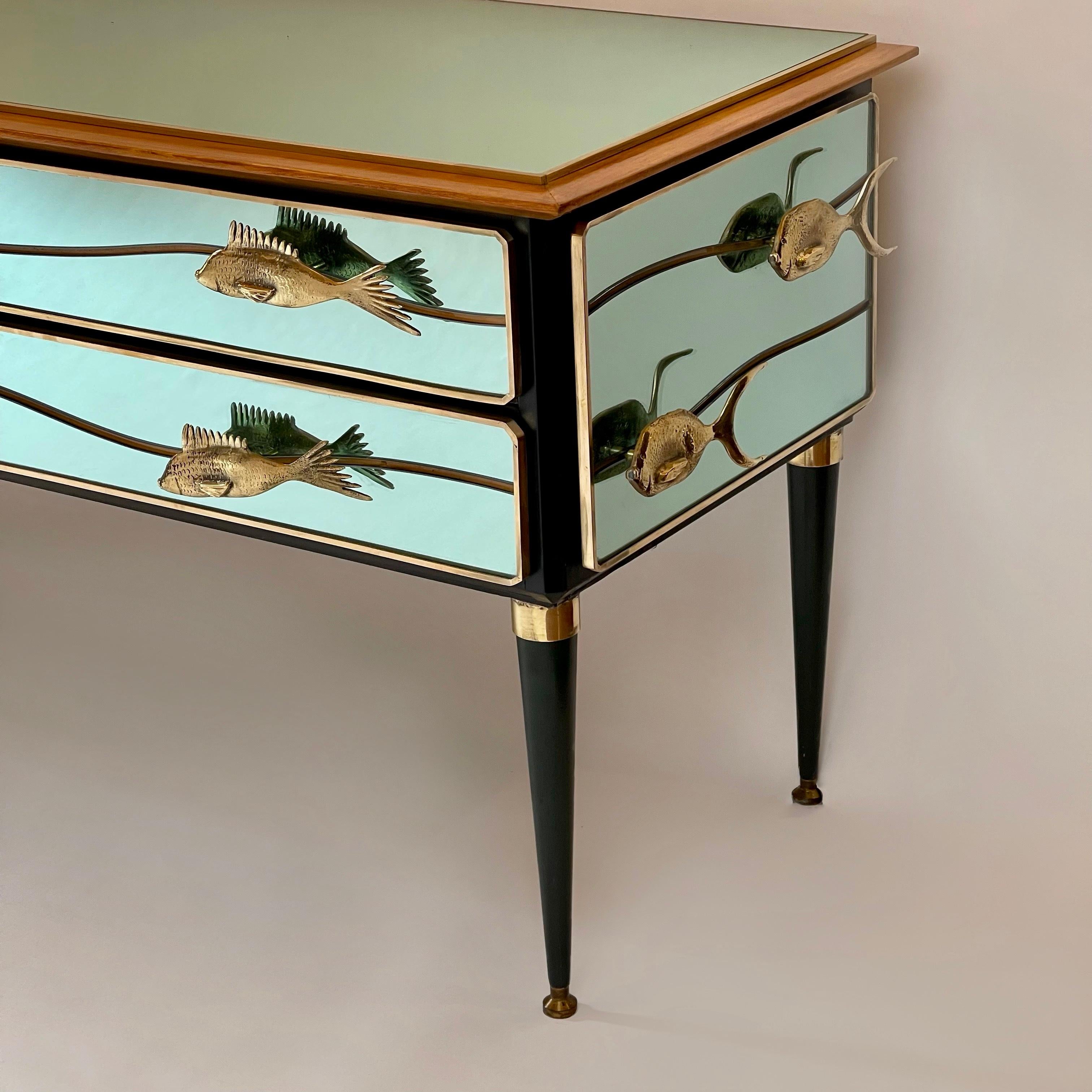 Late 20th Century Mint Green Mirror w/ Bronze & Brass Details Chest of Drawers For Sale 3