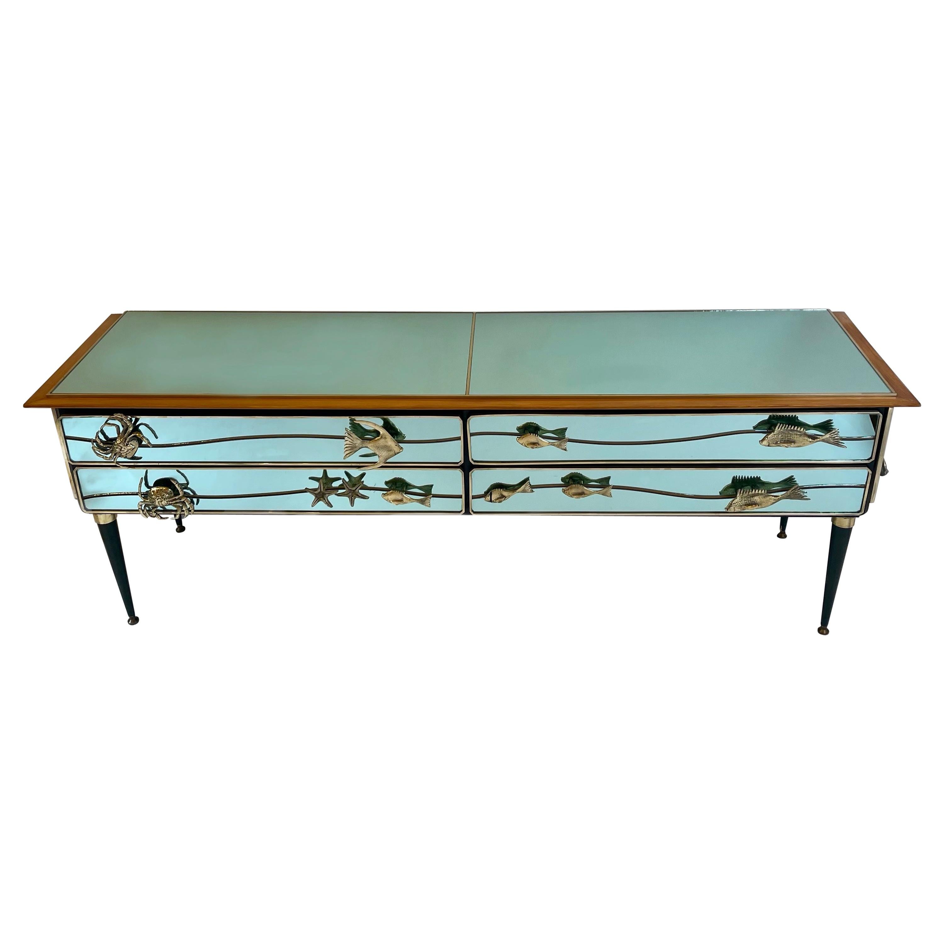 Late 20th Century Mint Green Mirror w/ Bronze & Brass Details Chest of Drawers