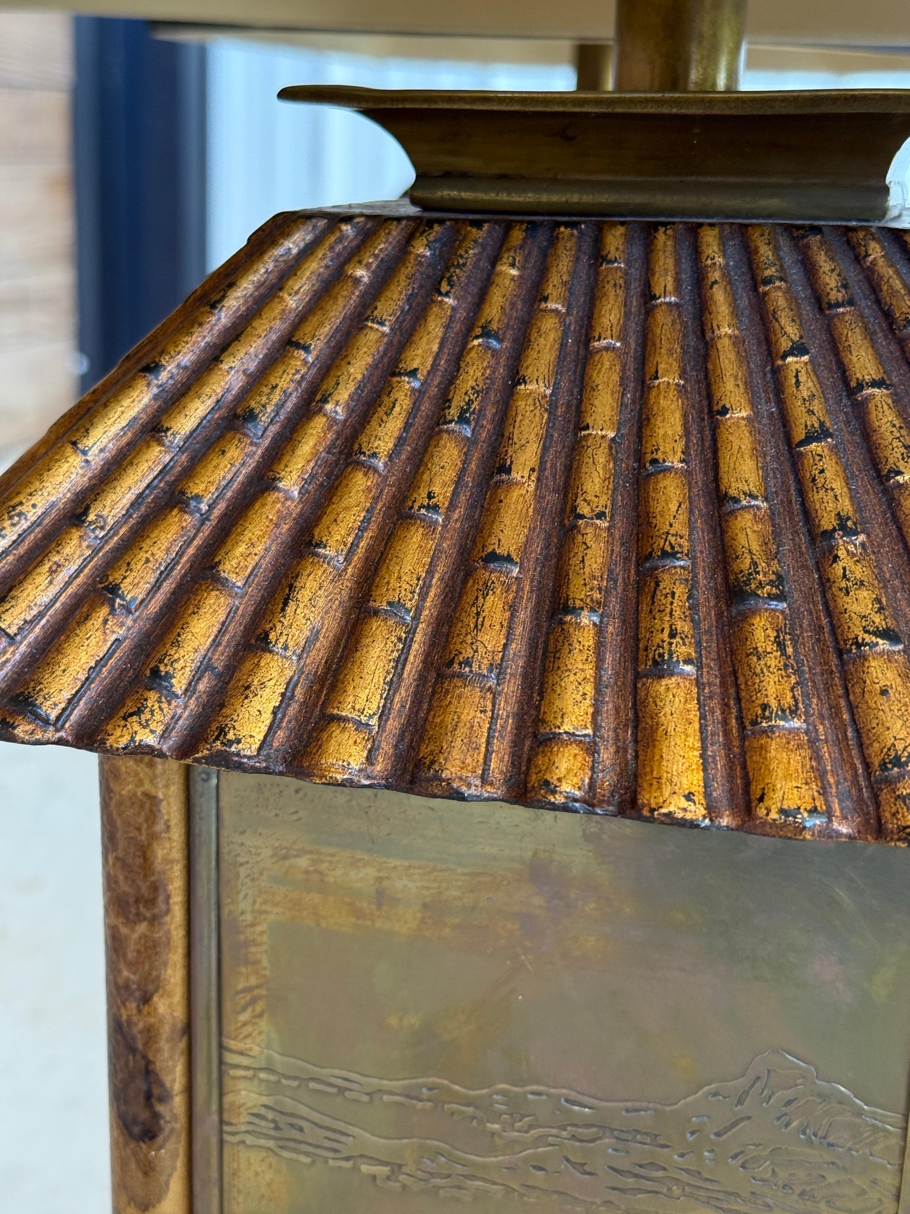 Lampes de table pagode en faux bambou avec laiton gravé, fin du 20e siècle en vente 2