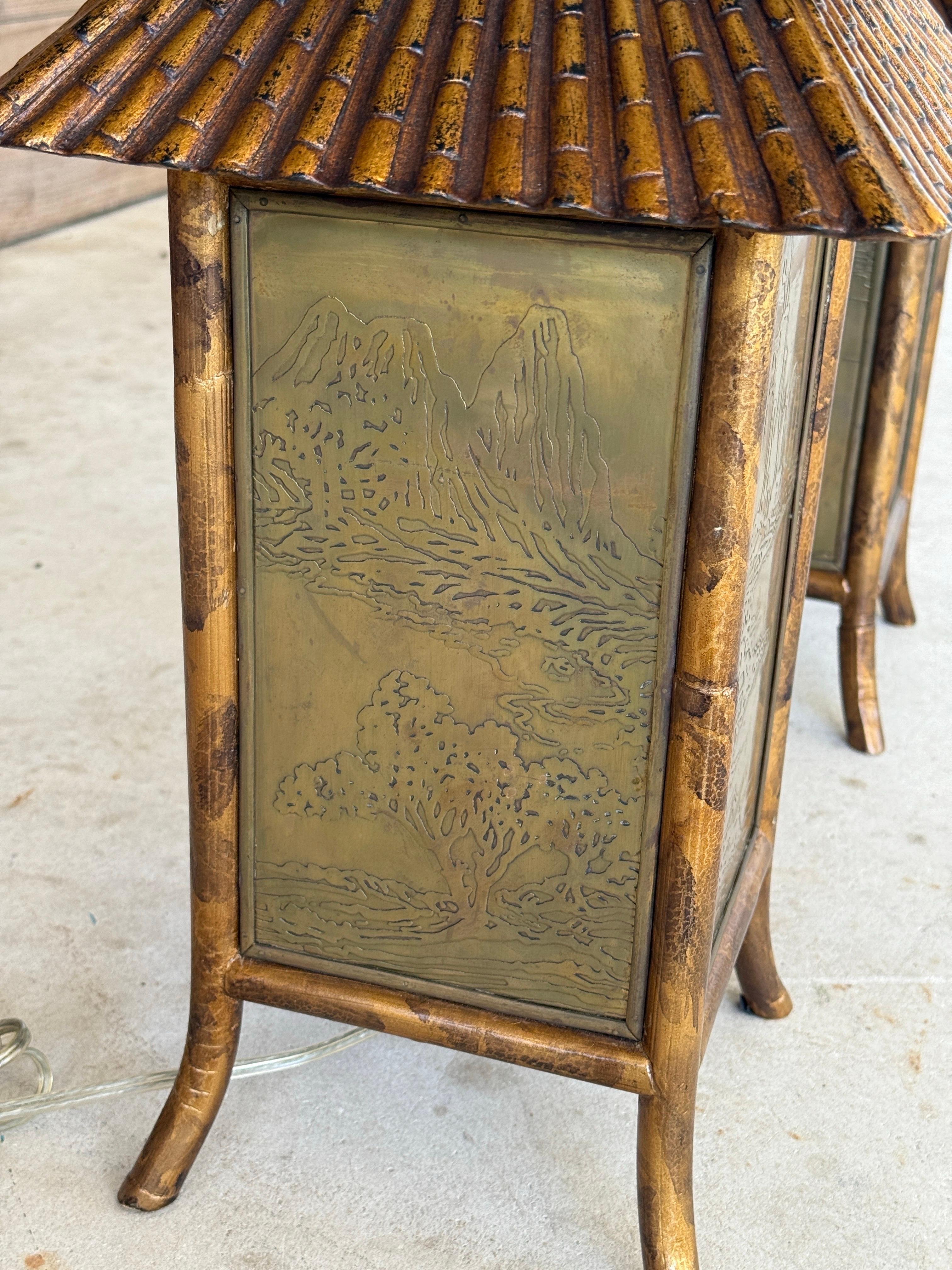 Lampes de table pagode en faux bambou avec laiton gravé, fin du 20e siècle en vente 4