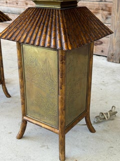 Late-20th Century Mixed Media Faux Bamboo Pagoda Table Lamps With Etched Brass P