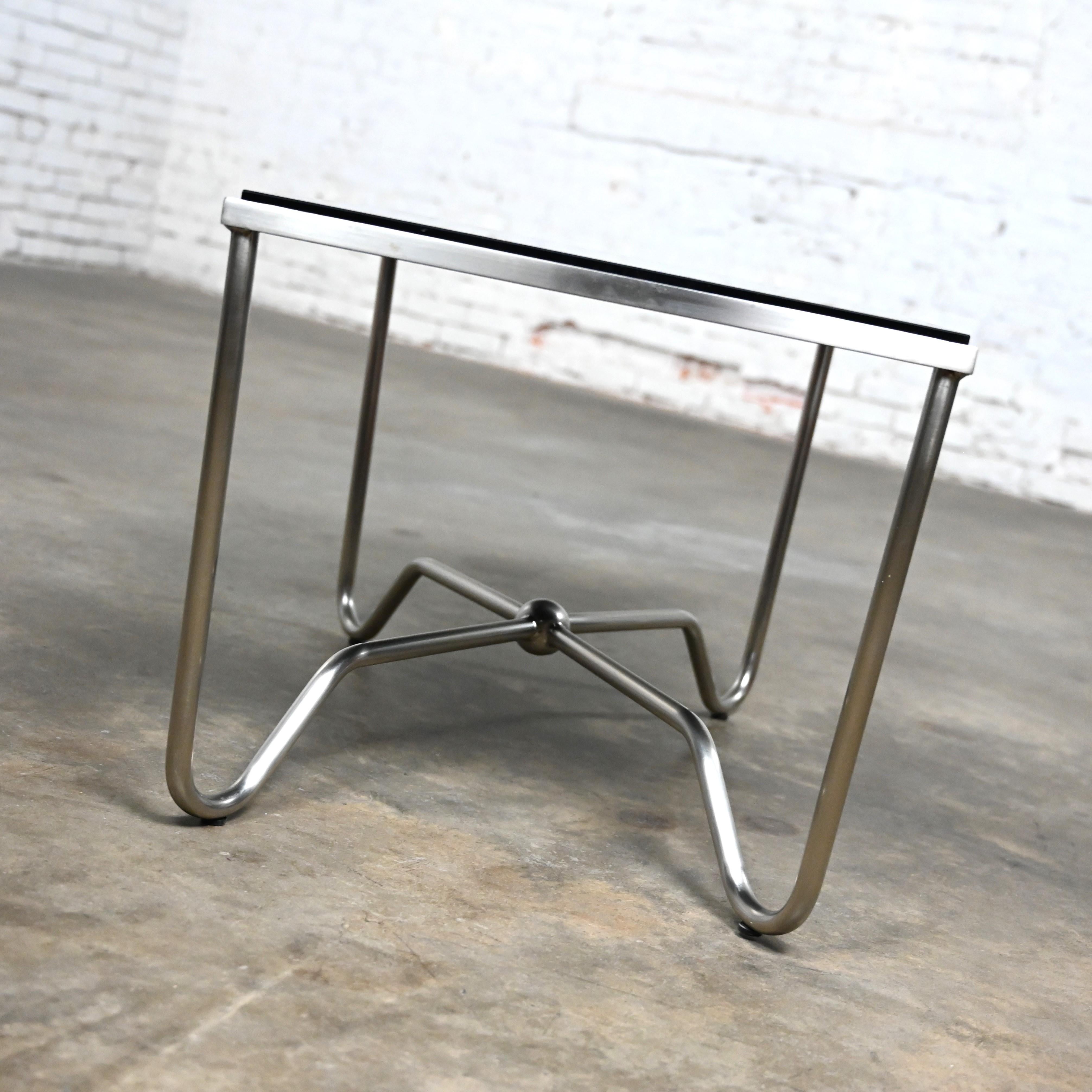 Late 20th Century Modern Brushed Steel Tube Coffee Table Removeable Black Glass  For Sale 7