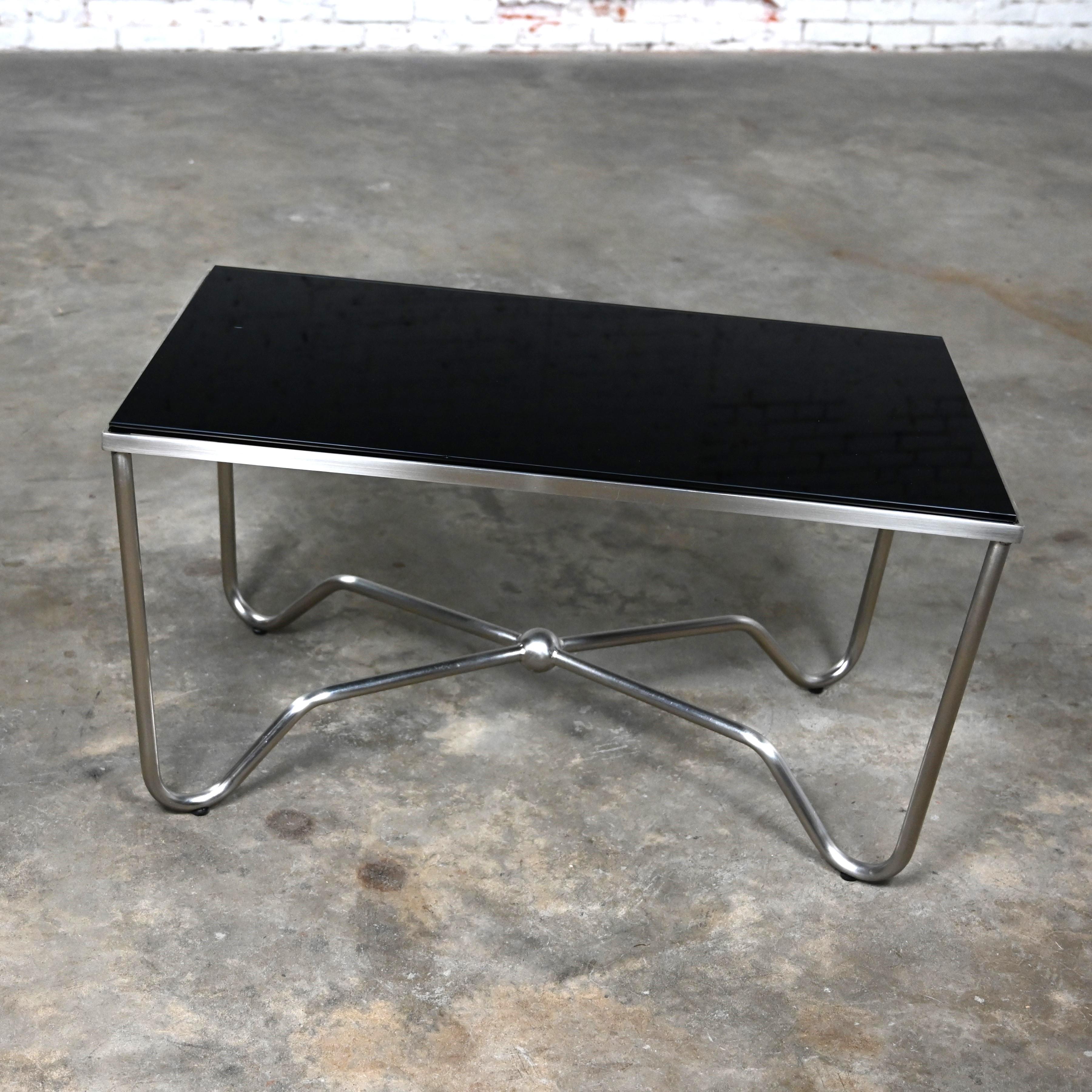 Late 20th Century Modern Brushed Steel Tube Coffee Table Removeable Black Glass  For Sale 8