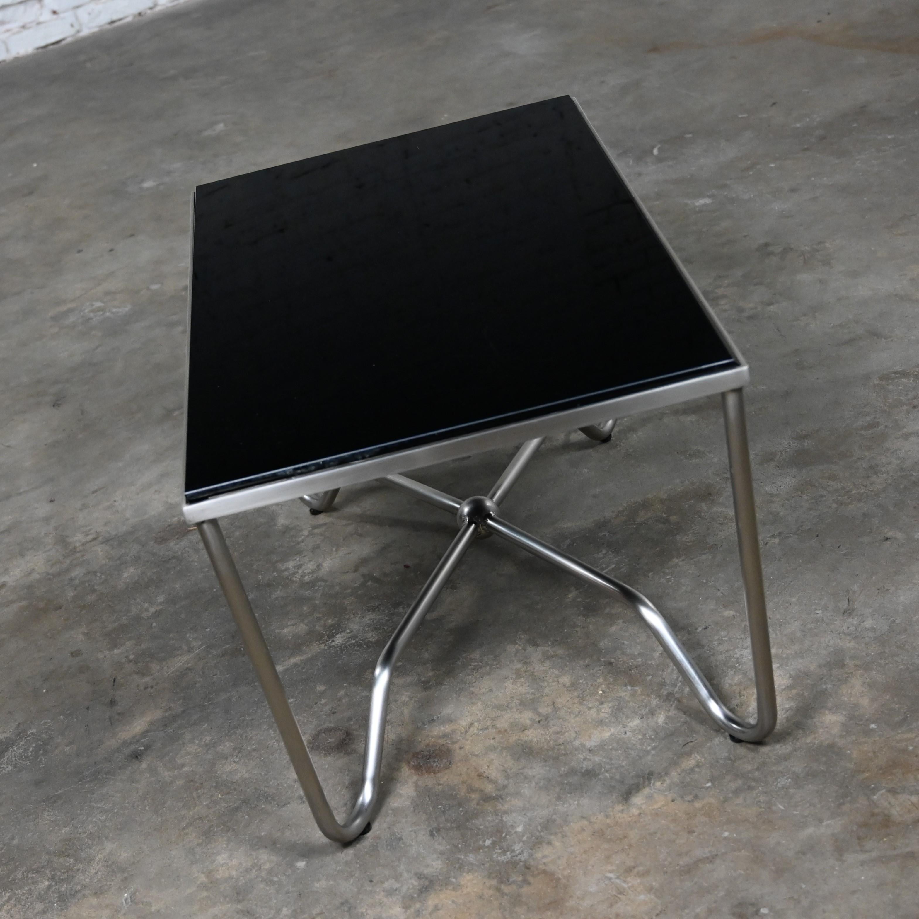 Late 20th Century Modern Brushed Steel Tube Coffee Table Removeable Black Glass  For Sale 9