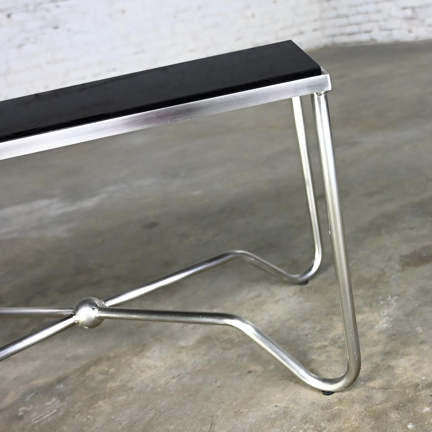 Late 20th Century Modern Brushed Steel Tube Coffee Table Removeable Black Glass  For Sale 10