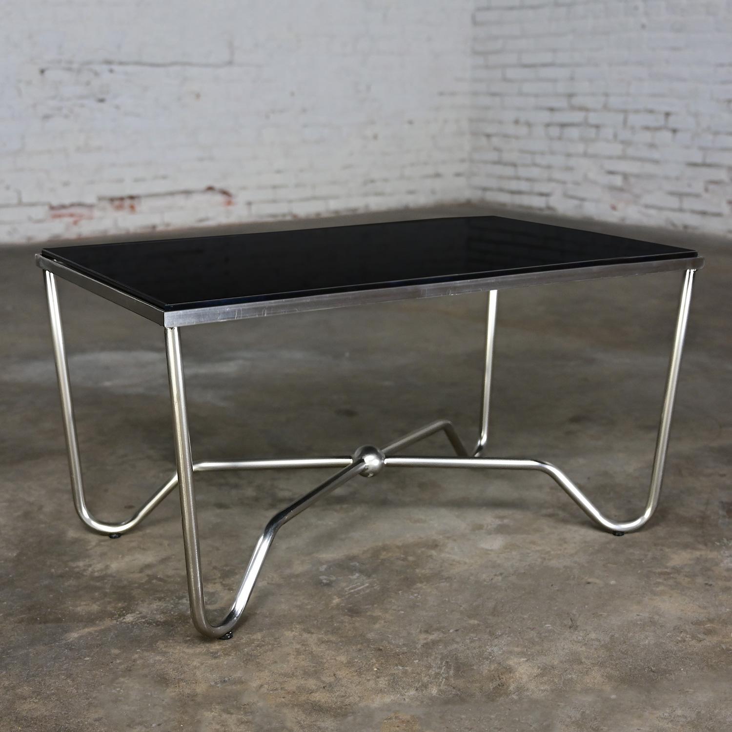 Late 20th Century Modern Brushed Steel Tube Coffee Table Removeable Black Glass  For Sale 12
