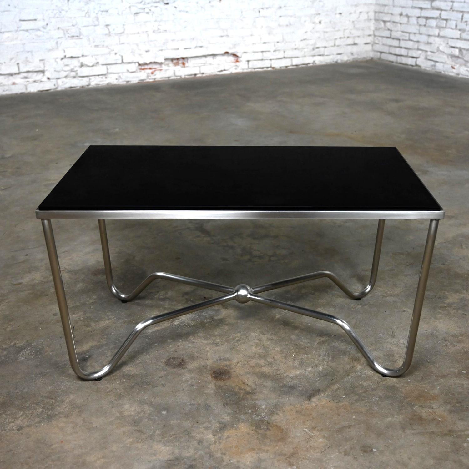 Late 20th Century Modern Brushed Steel Tube Coffee Table Removeable Black Glass  For Sale 13