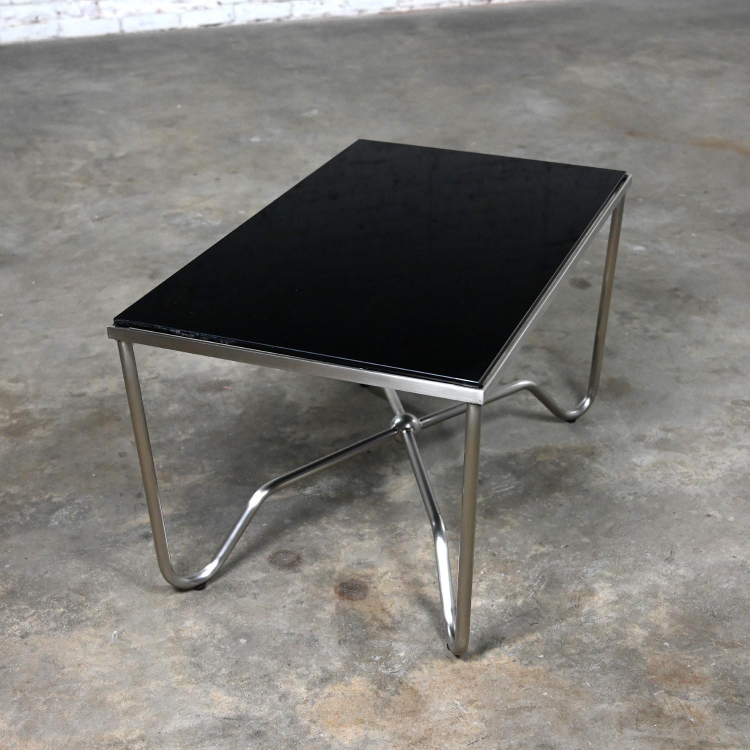 Late 20th Century Modern Brushed Steel Tube Coffee Table Removeable Black Glass  For Sale 15
