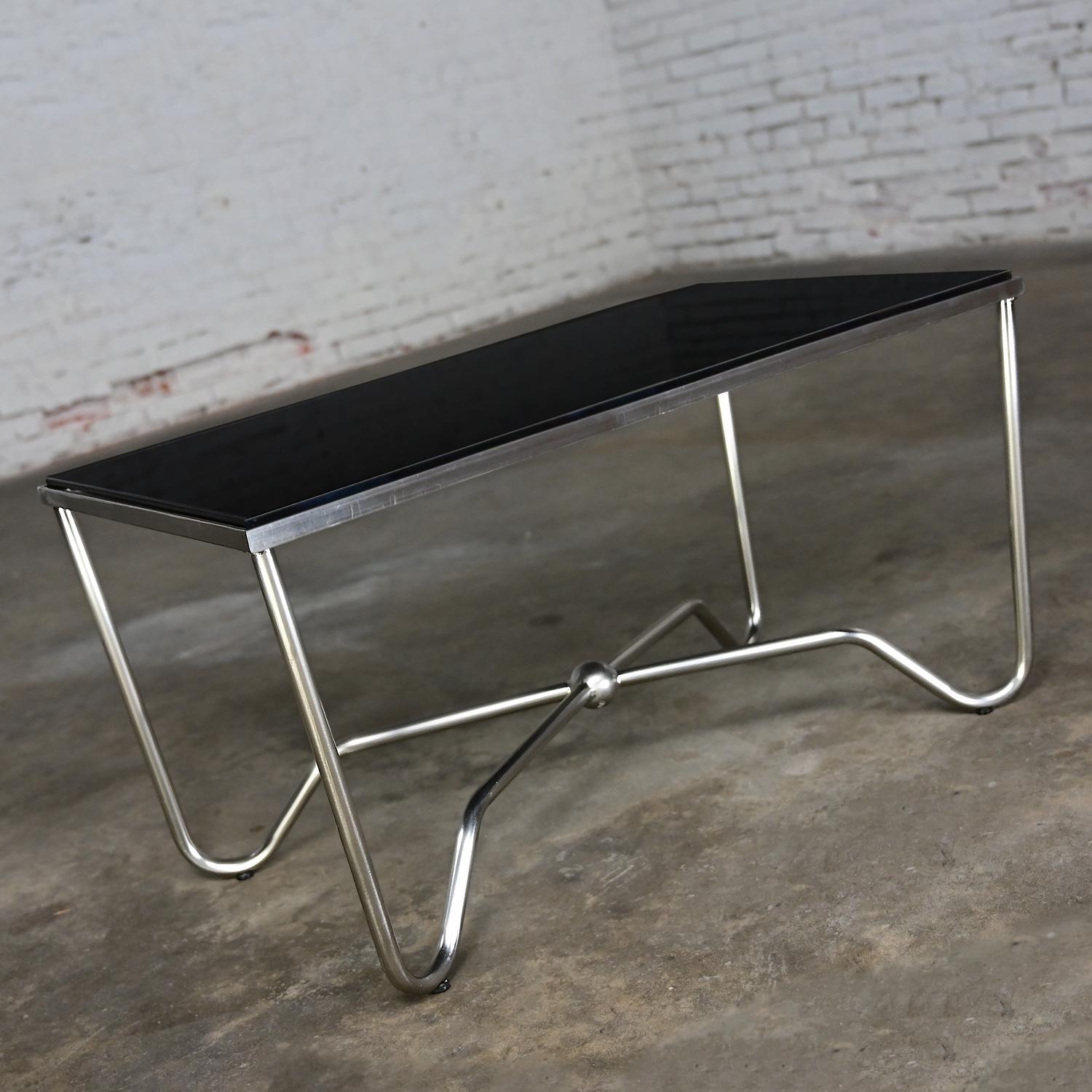 Late 20th Century Modern Brushed Steel Tube Coffee Table Removeable Black Glass  In Good Condition For Sale In Topeka, KS